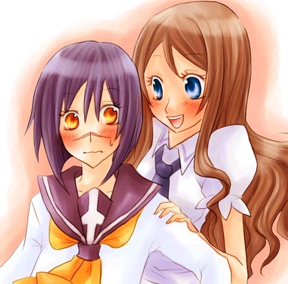 mutou mahiro, tsumura tokiko, busou renkin, lowres, 00s, blue eyes, blue hair, brown hair, scar, school uniform, serafuku, yellow eyes