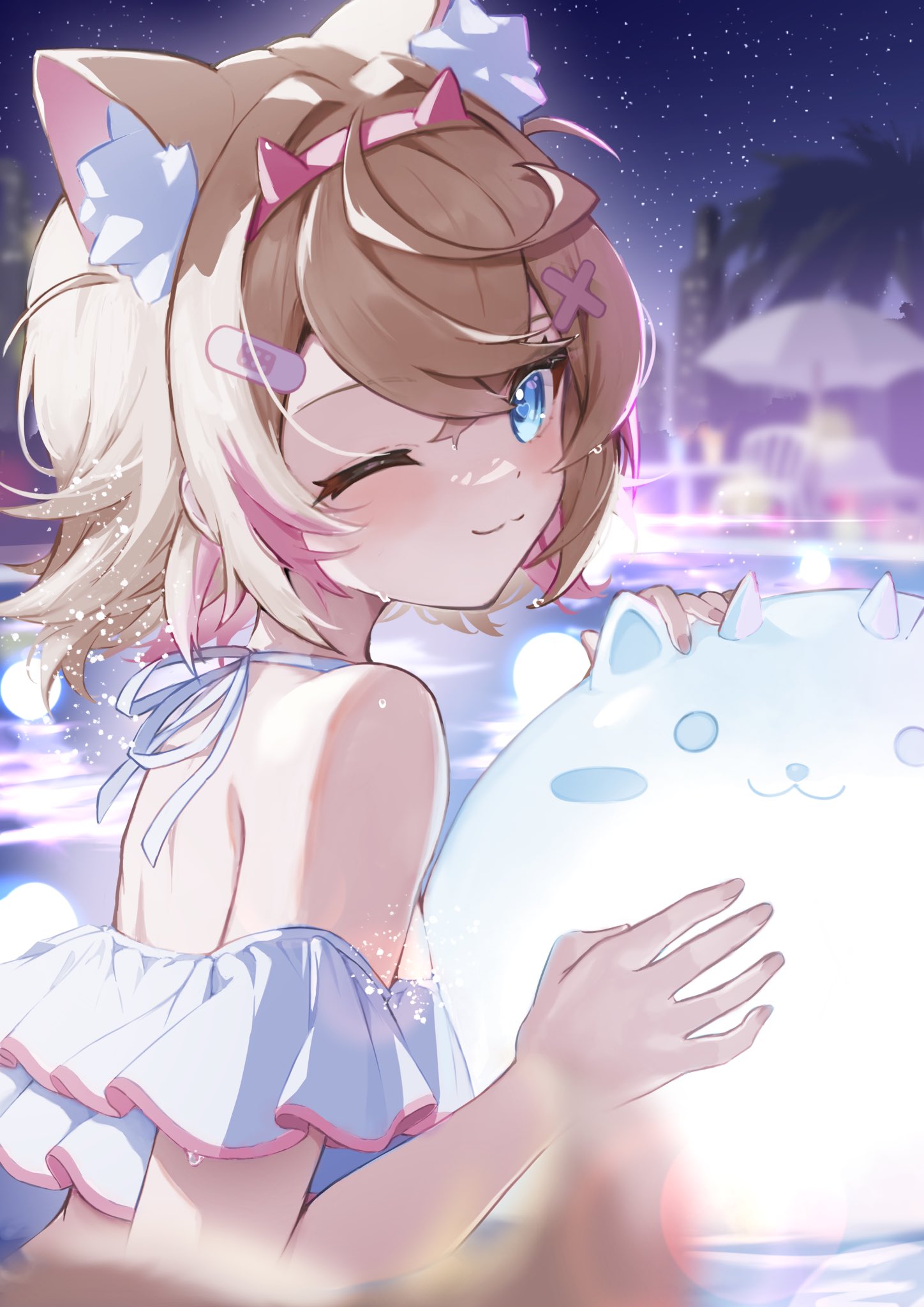 saka mikatsuki, mococo abyssgard, perroccino (fuwamoco), hololive, hololive english, highres, 1girl, animal ears, bare shoulders, bikini, blonde hair, blurry, blurry background, blurry foreground, blush, dog ears, dog girl, eyelashes, from side, hairband, multicolored hair, night, one eye closed, palm tree, pink hair, pink hairband, short hair, solo, spiked hairband, spikes, star (sky), streaked hair, swimsuit, tree, two-tone hair, upper body, virtual youtuber, white bikini