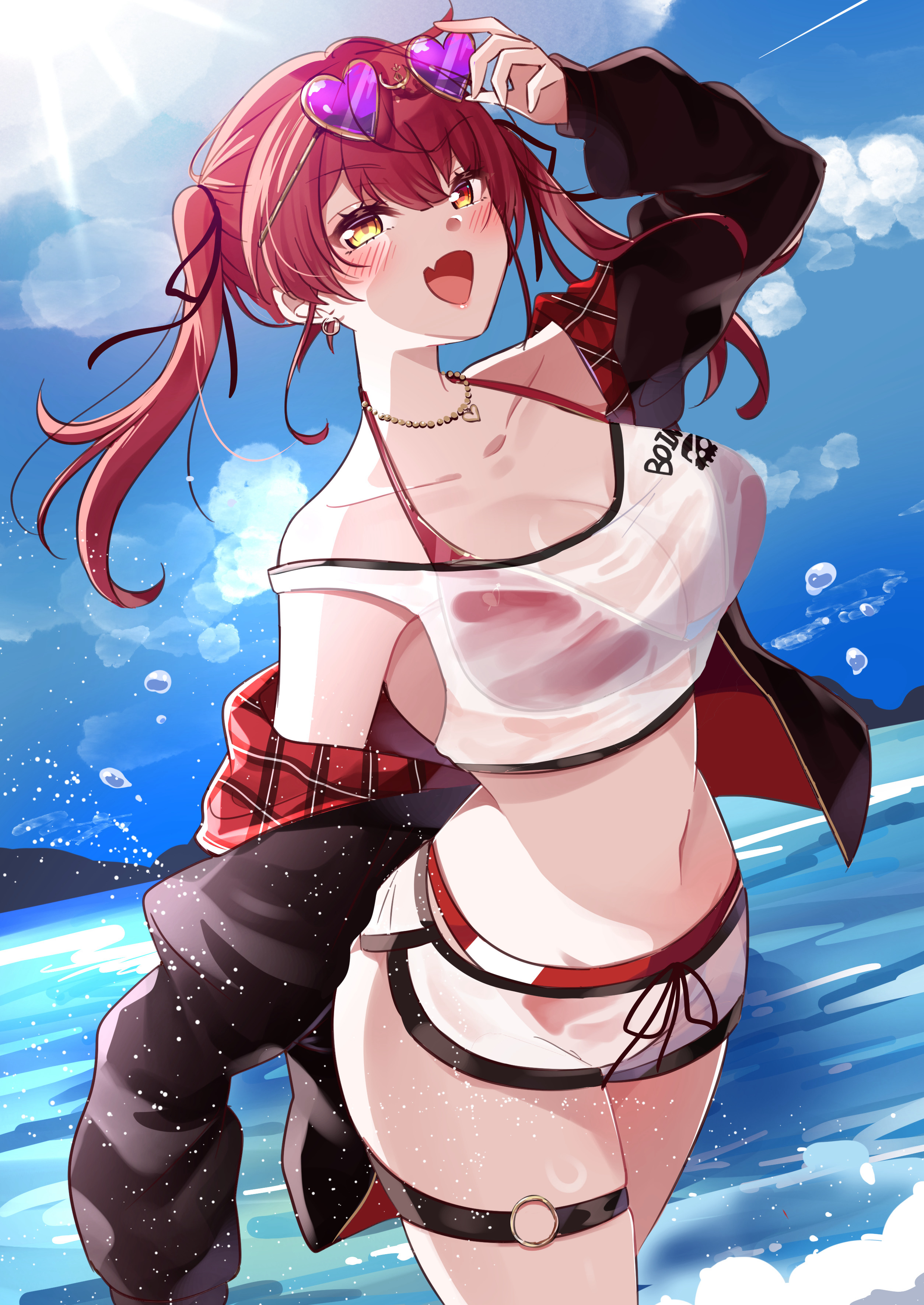 inairego116, houshou marine, houshou marine (summer), hololive, absurdres, commentary request, highres, 1girl, bikini, black jacket, breasts, cleavage, collarbone, earrings, eyewear on head, fang, heart, heart-shaped eyewear, heart necklace, heterochromia, jacket, jewelry, necklace, o-ring, o-ring thigh strap, ocean, open clothes, open jacket, open mouth, red bikini, red eyes, red hair, skin fang, solo, swimsuit, thigh strap, twintails, virtual youtuber, yellow eyes