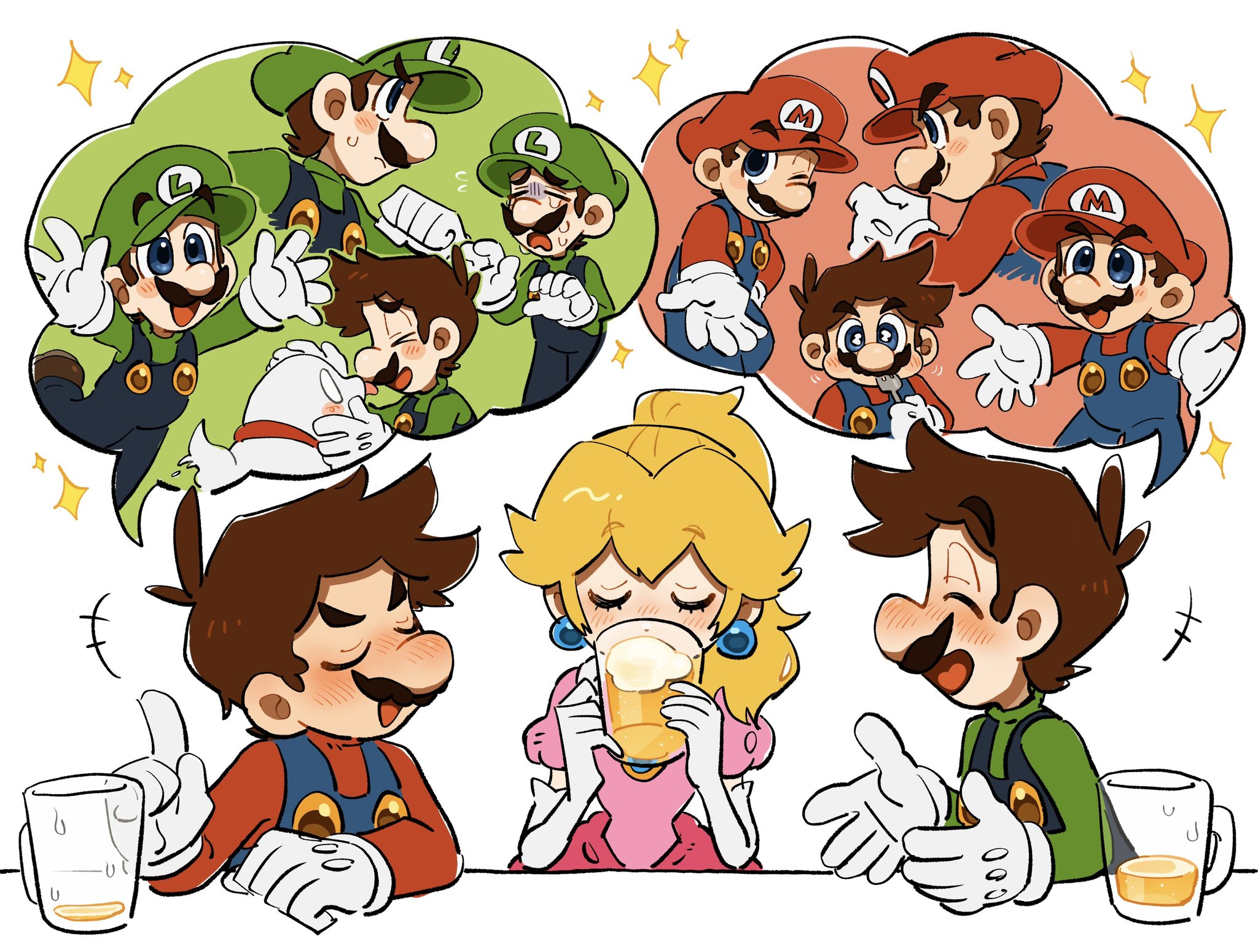 mimimi (mimimim9999), luigi, mario, polterpup, princess peach, luigi's mansion, luigi's mansion: dark moon, mario (series), nintendo, highres, 1girl, 2boys, alcohol, beer, beer mug, blonde hair, blue eyes, blue overalls, brown hair, closed eyes, cup, detached sleeves, dress, drinking, ear piercing, facial hair, ghost, gloves, green gloves, green hat, green shirt, happy, hat, holding, holding cup, long hair, long sleeves, mug, multiple boys, mustache, open mouth, outstretched arms, overalls, piercing, pink dress, princess, puffy short sleeves, puffy sleeves, red hat, red shirt, shirt, short hair, short sleeves, simple background, sparkle, speech bubble, spread arms, talking, thought bubble, upper body, white background, white gloves