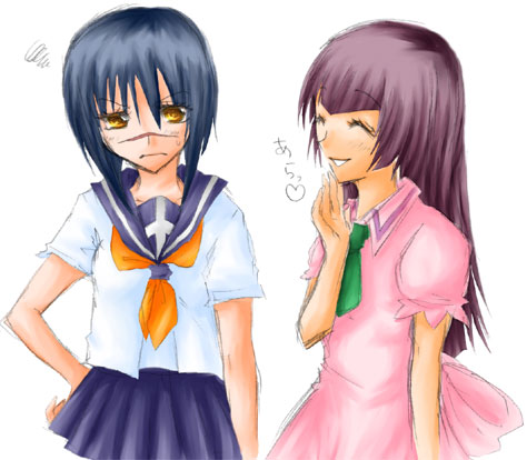 hayasaka ouka, tsumura tokiko, busou renkin, lowres, 00s, blue hair, scar, school uniform, serafuku, yellow eyes