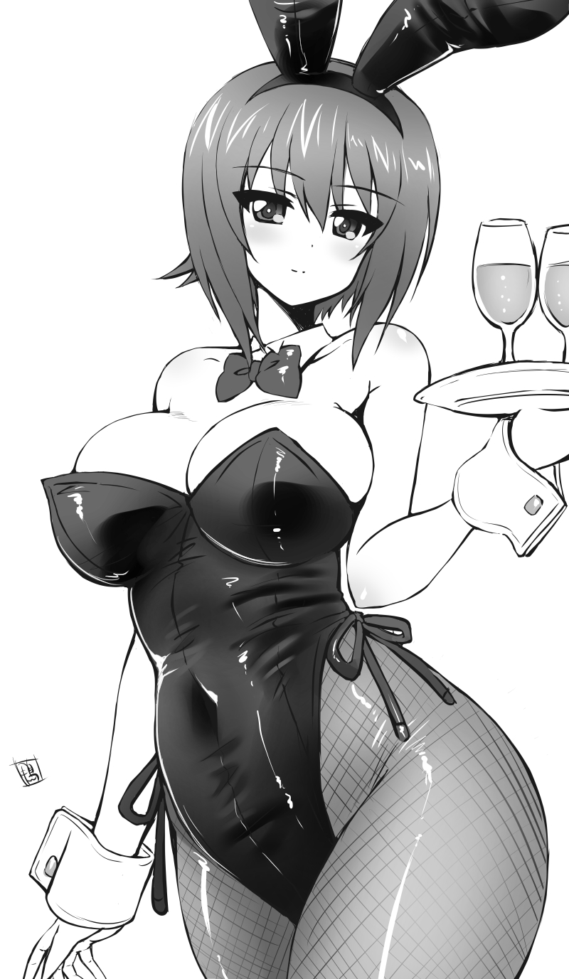kamogawa tanuki, nishizumi maho, girls und panzer, highres, 1girl, animal ears, bare shoulders, black leotard, blush, bow, breasts, closed mouth, cup, detached collar, drinking glass, eyes visible through hair, fake animal ears, fishnet pantyhose, fishnets, greyscale, hair between eyes, holding, holding plate, large breasts, leotard, light smile, looking at viewer, monochrome, pantyhose, plate, rabbit ears, ribbon, short hair, smile, solo, striped clothes, striped thighhighs, thighhighs, wine glass, wrist cuffs