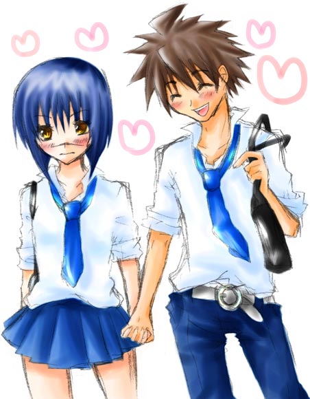 mutou kazuki, tsumura tokiko, busou renkin, 00s, blue hair, brown hair, scar, school uniform, serafuku, yellow eyes