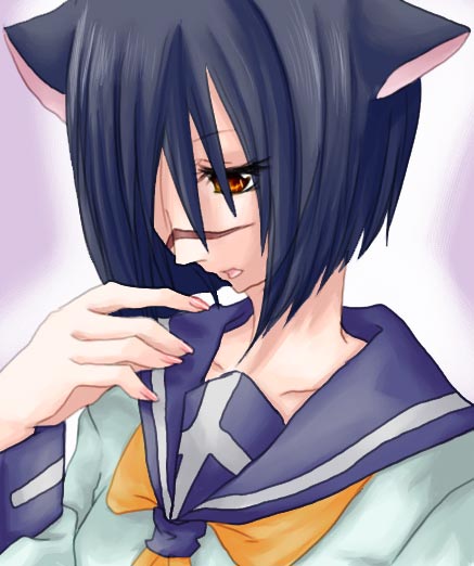 tsumura tokiko, busou renkin, 00s, animal ears, blue hair, cat ears, scar, school uniform, serafuku, yellow eyes