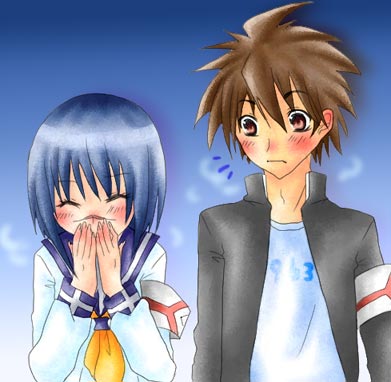 mutou kazuki, tsumura tokiko, busou renkin, lowres, 00s, blue hair, brown eyes, brown hair, scar, school uniform, serafuku