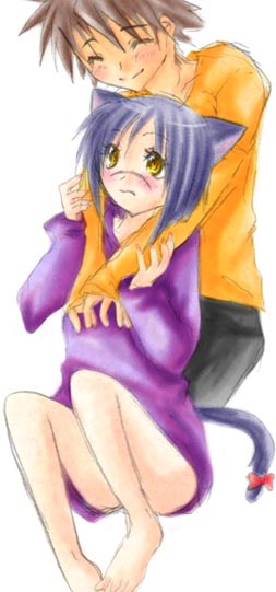 mutou kazuki, tsumura tokiko, busou renkin, 00s, animal ears, blue hair, brown hair, cat ears, cat tail, scar, tail, yellow eyes