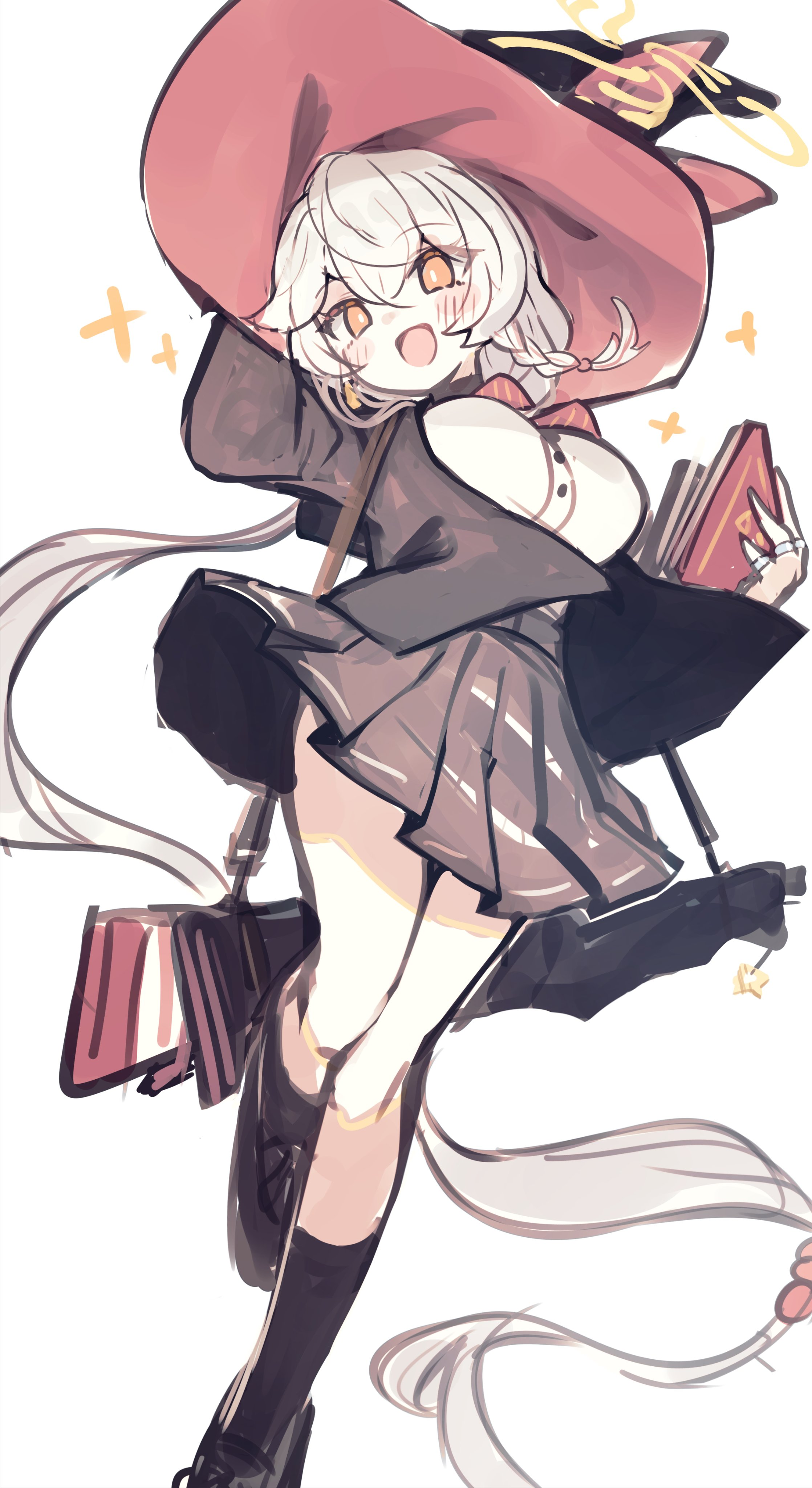 eri (blue archive), blue archive, book, bow, bowtie, braid, gun, halo, hat, holding, holding book, holding headgear, jacket, long coat, long hair, orange eyes, pinkdama7, shirt, sweater, weapon, white hair, witch hat