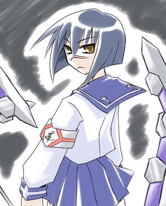 tsumura tokiko, busou renkin, lowres, 00s, blue hair, scar, school uniform, serafuku, valkyrie skirt, yellow eyes