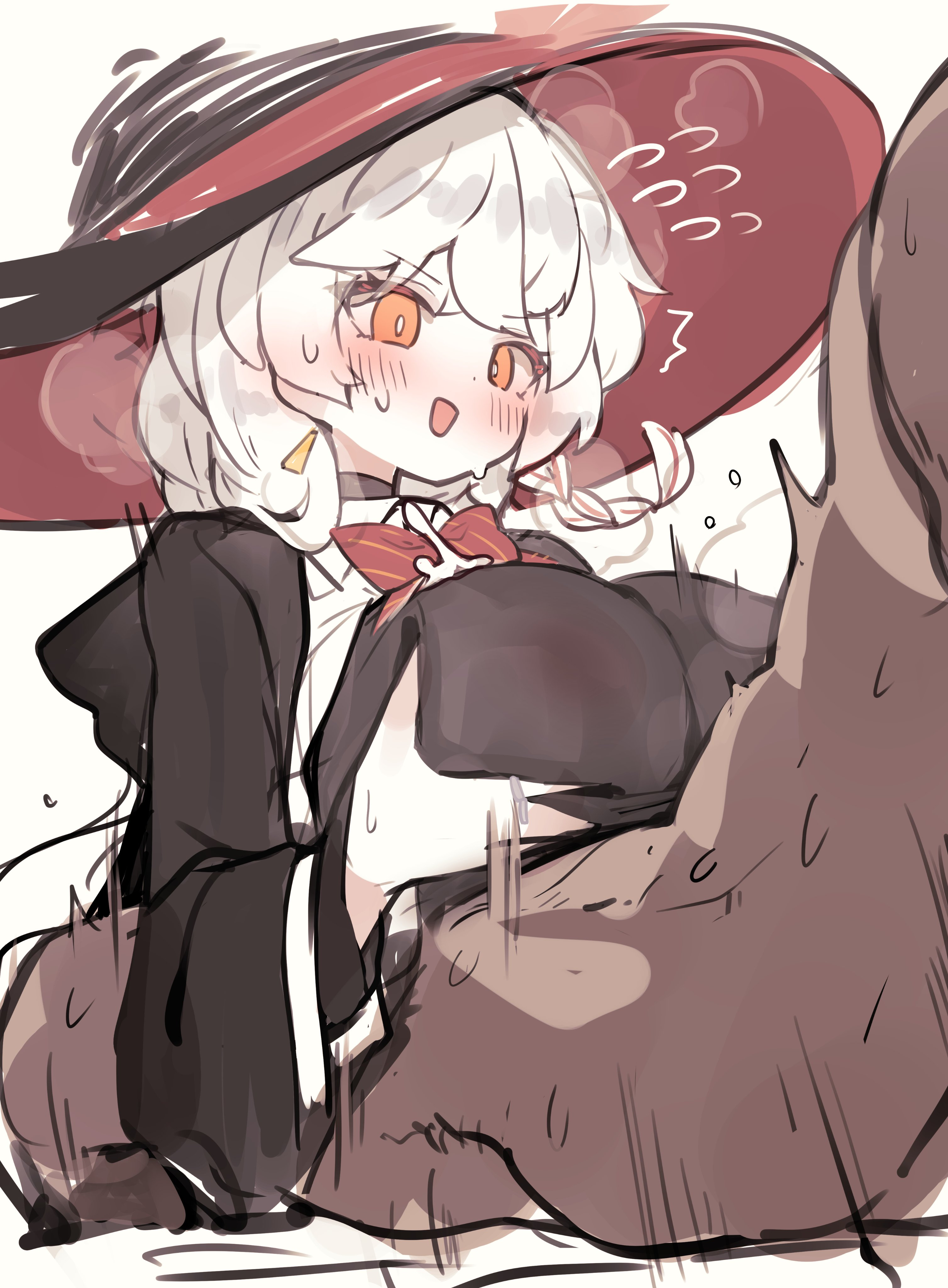 eri (blue archive), blue archive, 1boy, 1girl, blush, bow, bowtie, braid, clothed paizuri, dark-skinned male, dark skin, earrings, halo, hat, jacket, jewelry, long coat, long hair, orange eyes, shirt, steam, sweater, white hair, witch hat