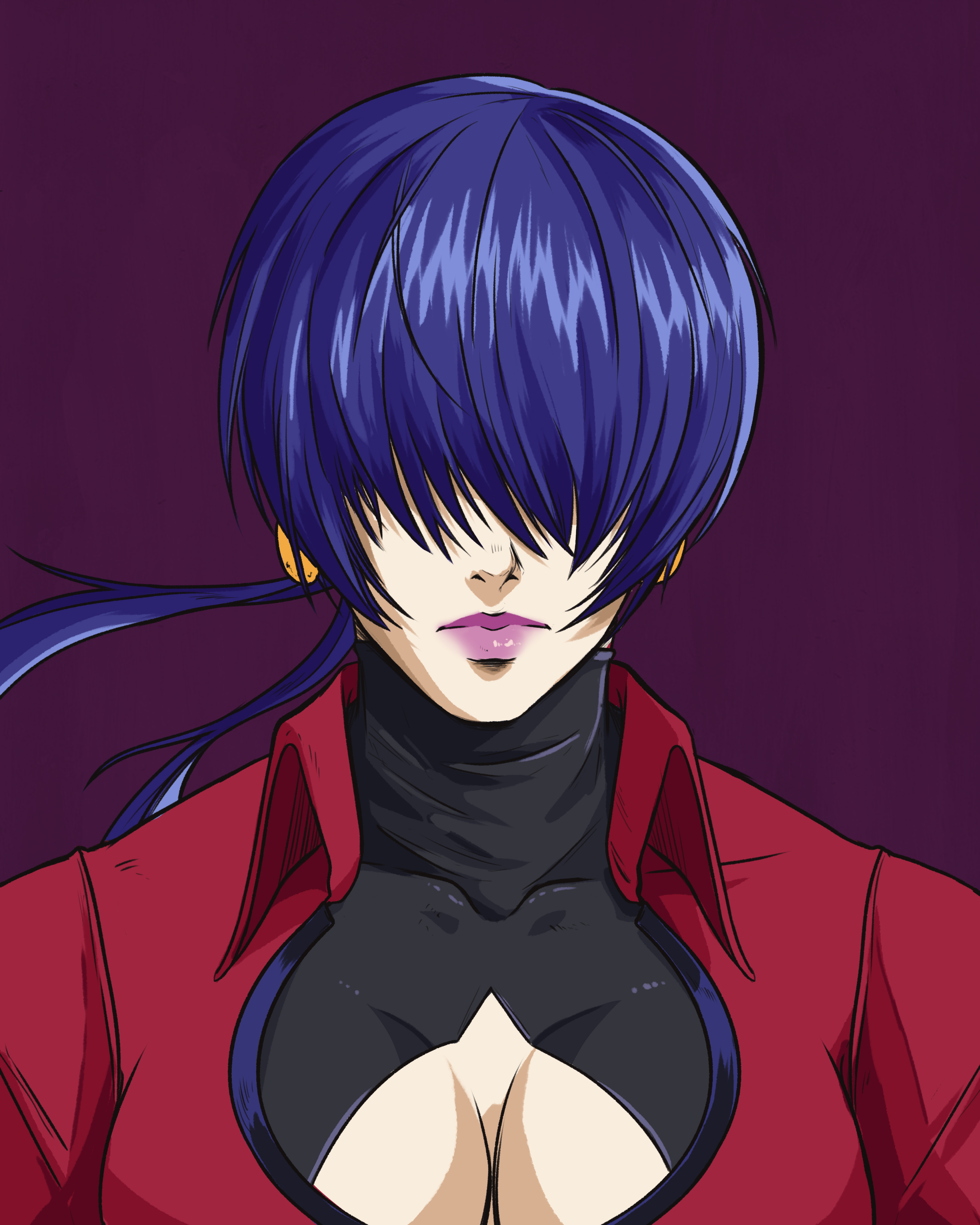 jhony caballero, orochi shermie, shermie (kof), the king of fighters, 1girl, breasts, cleavage, cleavage cutout, clothing cutout, female focus, huge breasts, jacket, large breasts, long hair, pale skin, ponytail, purple hair, thick lips, twintails