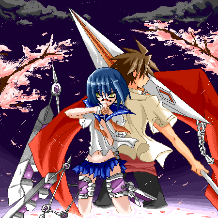 mutou kazuki, tsumura tokiko, busou renkin, lowres, 00s, blue hair, brown hair, scar, school uniform, serafuku, sunlight heart, valkyrie skirt, yellow eyes