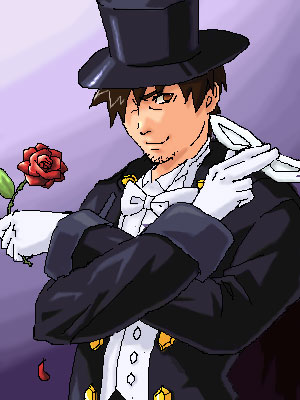captain bravo, bishoujo senshi sailor moon, busou renkin, lowres, 00s, 1990s (style), 1boy, brown eyes, brown hair, cosplay, crossover, flower, gradient background, male focus, retro artstyle, solo, tuxedo kamen (cosplay)