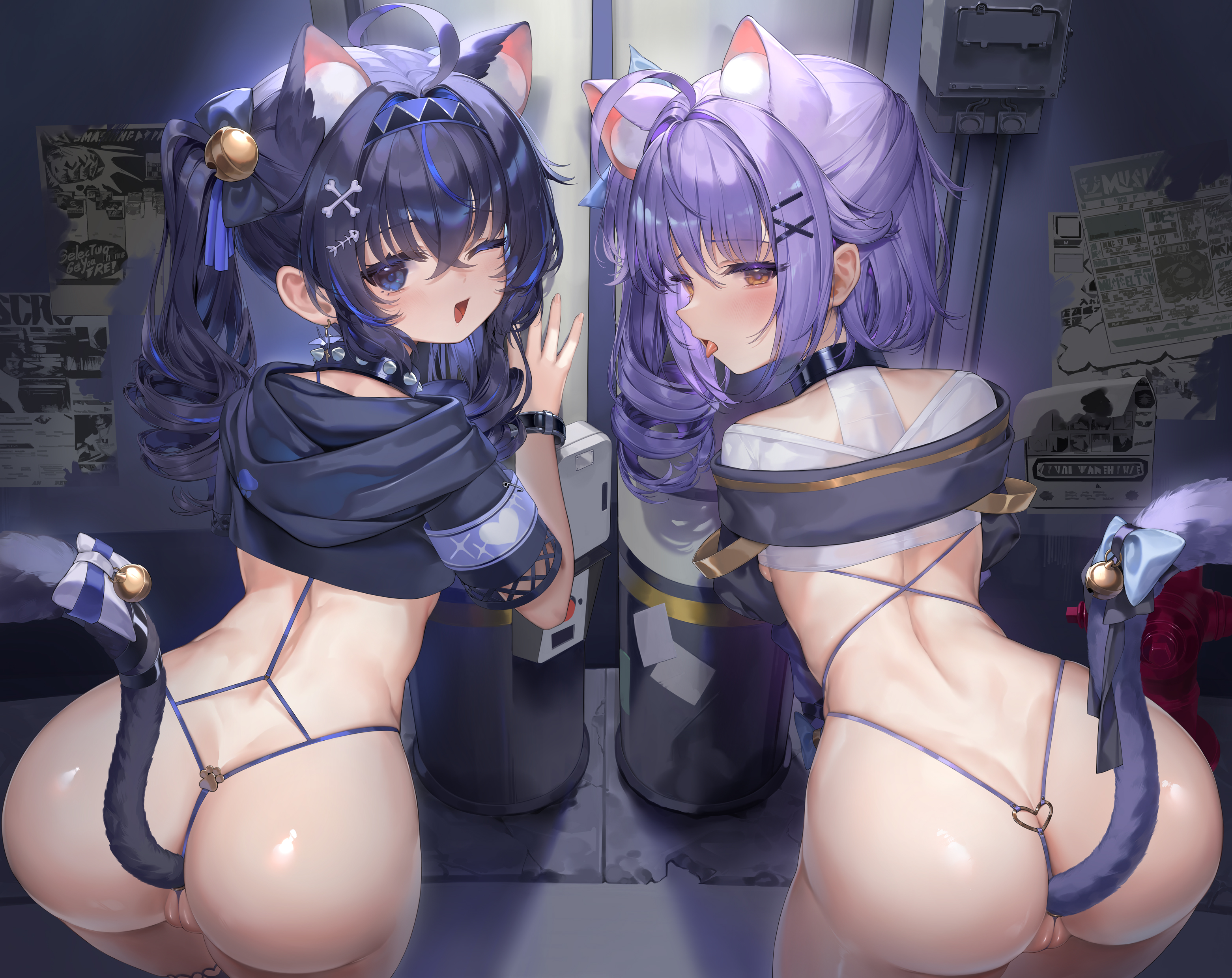 taitai, indie virtual youtuber, absurdres, character request, highres, 2girls, ahoge, anal beads, anal tail, animal ears, ass, back, bell, bent over, black choker, black hair, black hoodie, blue eyes, blue hair, bottomless, bow, breasts, butt plug, cat ears, cat girl, cat tail, choker, cowboy shot, crop top, cropped hoodie, drill hair, extra ears, fake tail, from behind, heart, heart o-ring, hood, hood down, hoodie, jingle bell, long hair, looking at viewer, looking back, median furrow, multicolored hair, multiple girls, o-ring, one eye closed, open mouth, pillar, purple hair, pussy, shirt, small breasts, smile, spiked choker, spikes, standing, streaked hair, tail, tail bow, tail ornament, tail raised, tongue, tongue out, twin drills, twintails, uncensored, very long hair, white shirt, wristband, yellow eyes