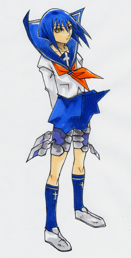 tsumura tokiko, busou renkin, 00s, blue hair, scar, school uniform, serafuku, yellow eyes