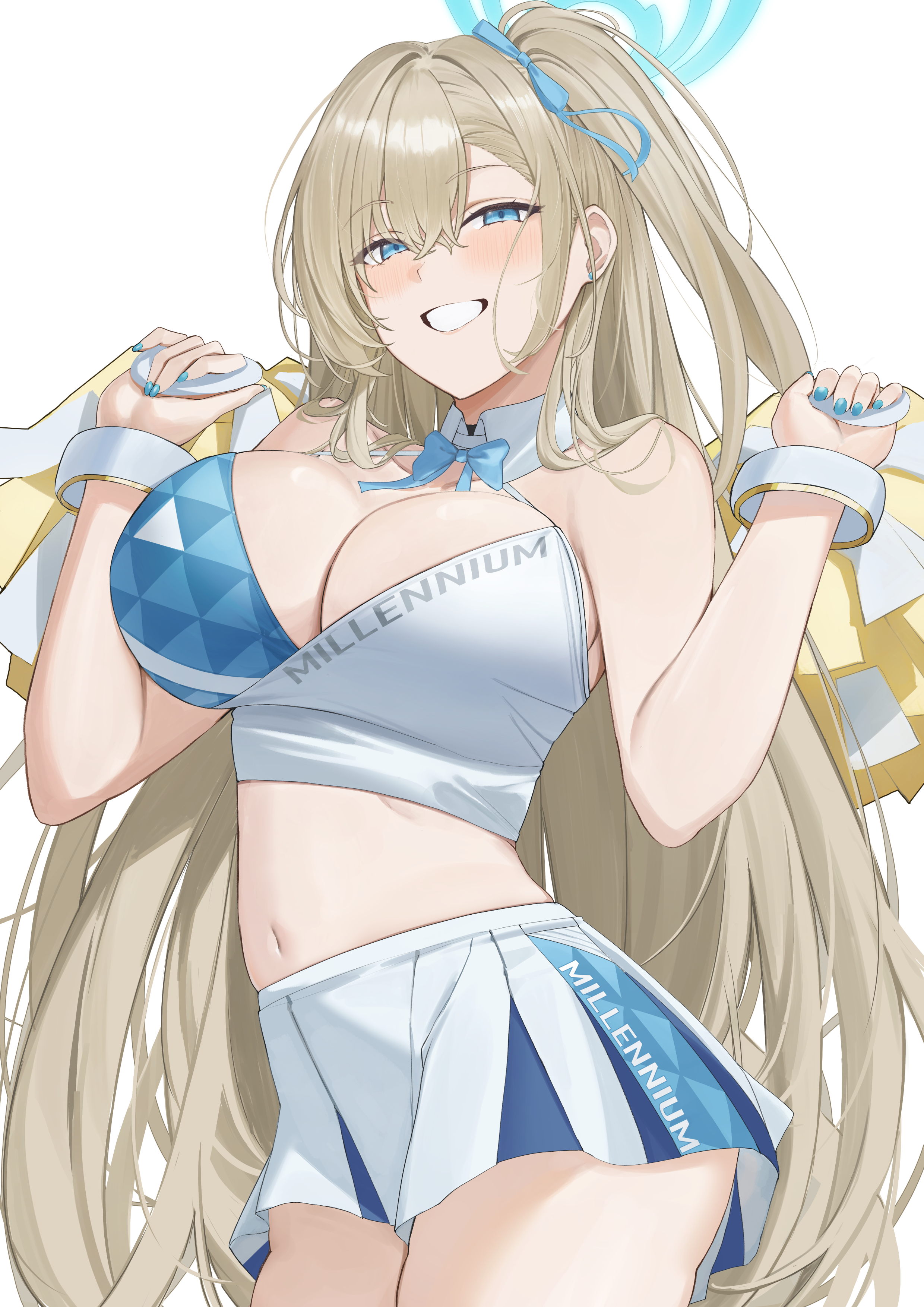 ref (pmxt4483), asuna (blue archive), blue archive, absurdres, commentary request, highres, 1girl, alternate costume, blue eyes, blue nails, blue ribbon, blush, breasts, brown hair, cheerleader, cleavage, crop top, hair ribbon, holding, holding pom poms, large breasts, long hair, looking at viewer, millennium cheerleader outfit (blue archive), miniskirt, nail polish, navel, pom pom (cheerleading), pom poms, ribbon, simple background, skirt, smile, solo, stomach, text print, thighs, very long hair, white background, white skirt