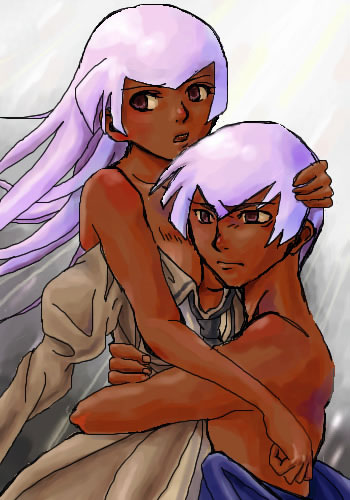 hayasaka ouka, hayasaka shusui, busou renkin, lowres, tagme, 00s, 1boy, 1girl, breasts, clothes pull, dark-skinned female, dark-skinned male, dark skin, dress pull, gradient background, hug, long hair, purple eyes, purple hair, short hair, siblings, simple background, small breasts, twins
