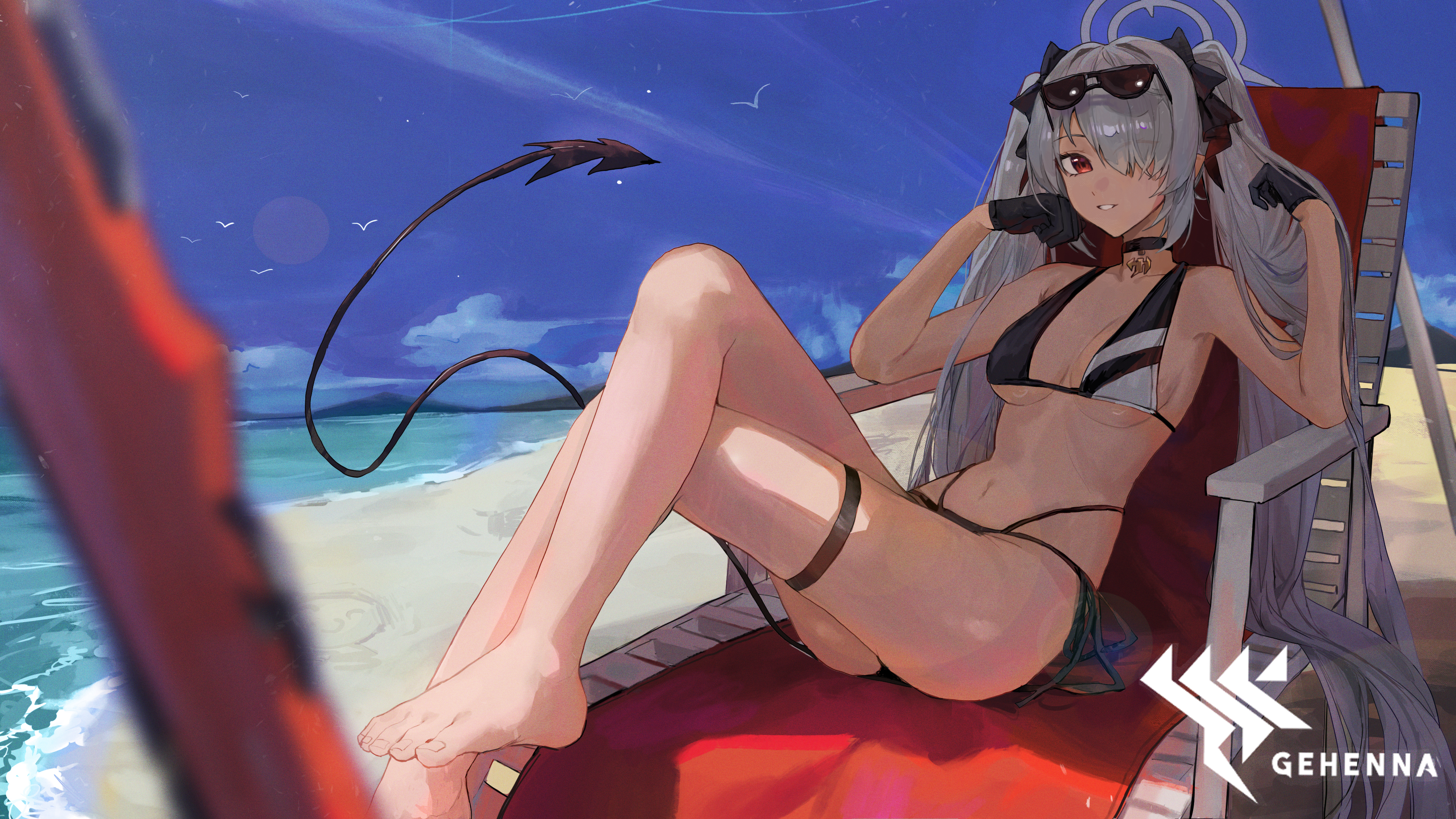 jianjia, iori (blue archive), iori (swimsuit) (blue archive), blue archive, absurdres, commentary request, highres, 1girl, barefoot, beach, bikini, black bikini, black choker, black gloves, blue sky, breasts, choker, cloud, dark-skinned female, dark skin, day, eyewear on head, gloves, grey hair, grey halo, hair over one eye, halo, legs, long hair, looking at viewer, medium breasts, ocean, official alternate costume, outdoors, red eyes, sky, solo, sunglasses, swimsuit, tail, thigh strap, thighs, toenails, toes, twintails