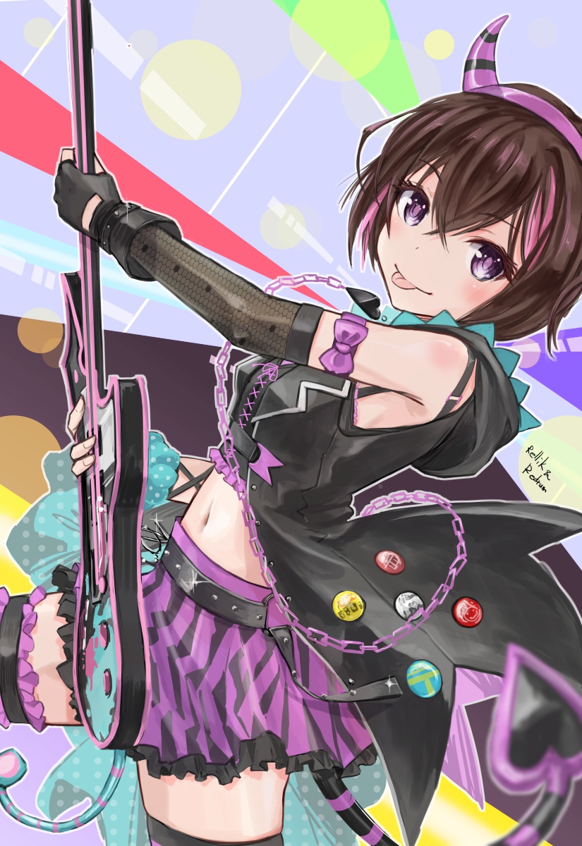 jun (rellik & redrum), yuuki riku, ongeki, highres, 1girl, asymmetrical legwear, black boots, black gloves, black hair, black thighhighs, boots, demon tail, detached sleeves, electric guitar, fingerless gloves, fishnet sleeves, fishnets, gloves, guitar, hairband, holding, holding guitar, holding instrument, hood, hood down, hooded jacket, horn hairband, instrument, jacket, looking at viewer, mismatched legwear, multicolored hair, navel, pink hair, pink hairband, pink thighhighs, plectrum, purple eyes, short hair, simple background, single detached sleeve, sleeveless, sleeveless jacket, solo, streaked hair, striped clothes, striped thighhighs, tail, thigh strap, thighhighs, tongue, tongue out, torn clothes, torn thighhighs, uneven legwear
