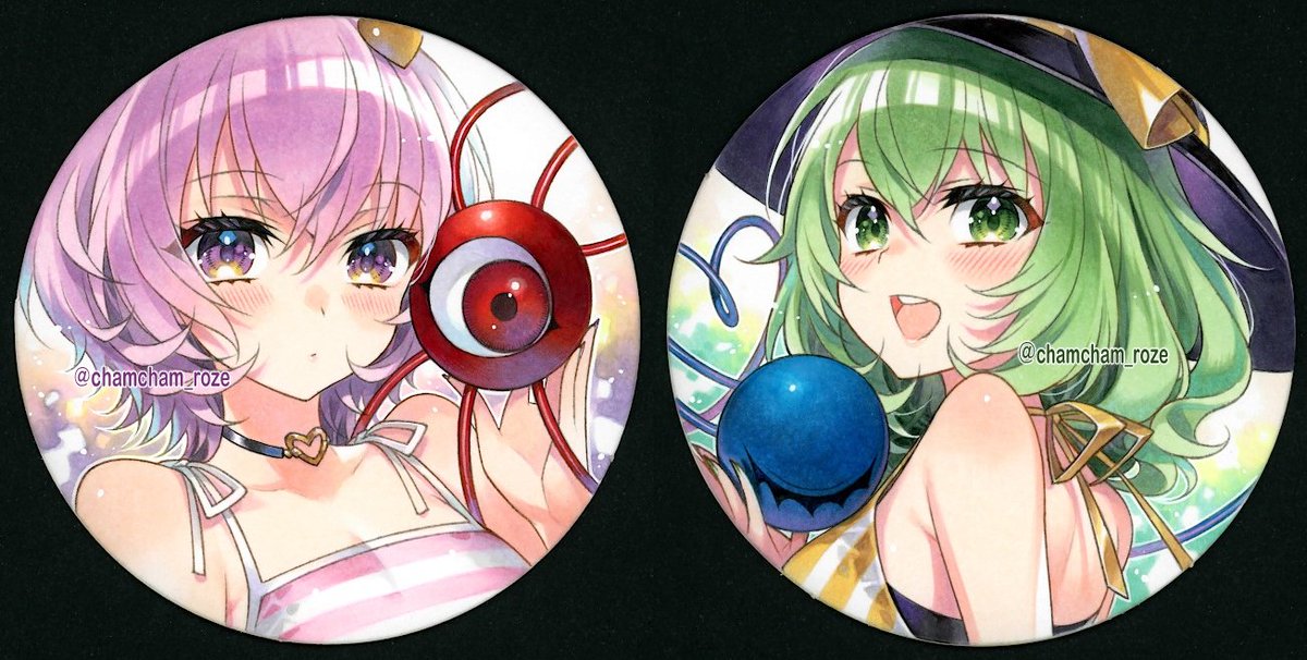 chacham, komeiji koishi, komeiji satori, touhou, commentary request, marker (medium), traditional media, 2girls, :d, alternate costume, bikini, black hat, choker, double-parted bangs, green eyes, green hair, hair between eyes, hair ornament, hat, heart, heart choker, heart hair ornament, heart of string, looking at viewer, medium hair, multiple girls, open mouth, pink bikini, pink eyes, pink hair, portrait, round image, short hair, siblings, sisters, smile, striped bikini, striped clothes, swimsuit, teeth, third eye, twitter username, upper teeth only, yellow bikini