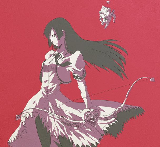 angel gozen (character), hayasaka ouka, busou renkin, tagme, 00s, 1girl, 1other, angel gozen (weapon), bow (weapon), creature, feet out of frame, floating, long hair, looking at viewer, looking to the side, red background, simple background, smile, weapon
