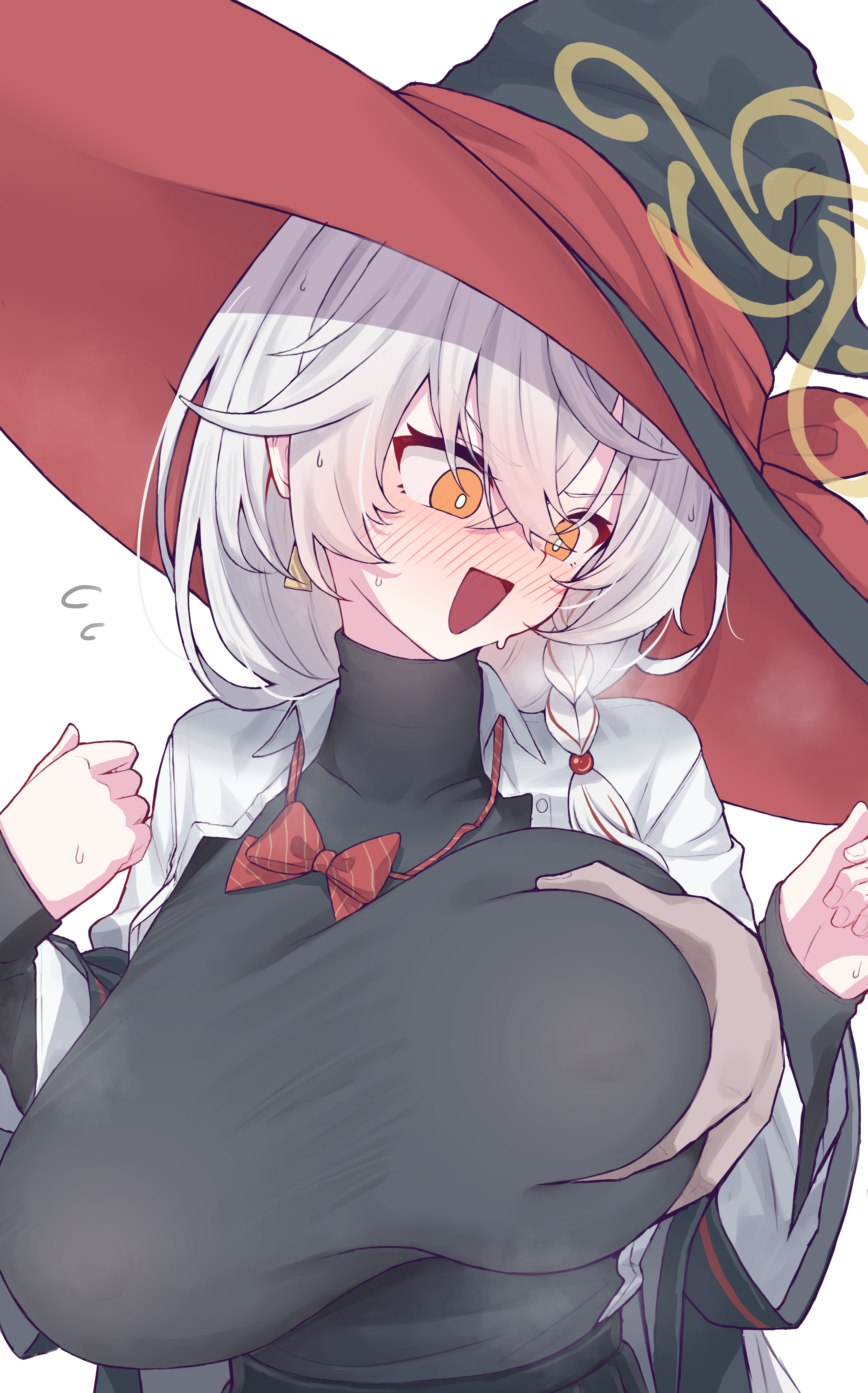 take-run-atelier, eri (blue archive), blue archive, absurdres, highres, 1girl, 1other, :d, black hat, bow, bowtie, braid, breasts, bright pupils, brown halo, grabbing another's breast, grabbing from behind, groping, halo, hat, huge breasts, long hair, open mouth, orange eyes, red bow, red bowtie, shirt, simple background, single braid, smile, solo focus, white background, white hair, white pupils, white shirt, witch hat