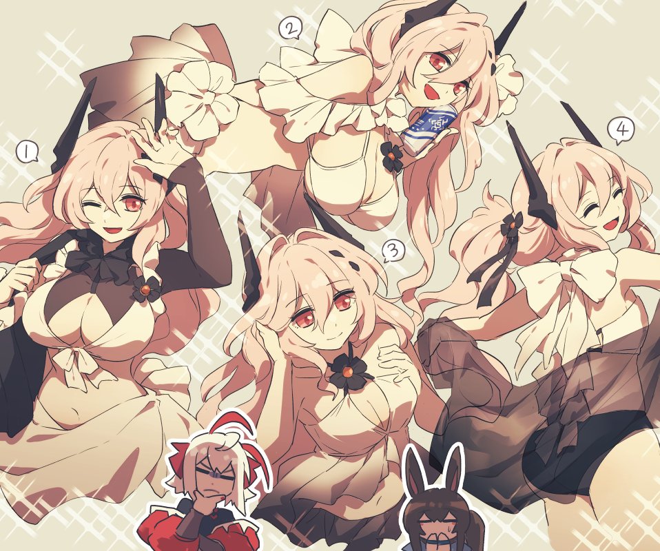 lari lab, amiya (arknights), theresa (arknights), w (arknights), wis'adel (arknights), arknights, commentary request, 3girls, :d, ;d, ^ ^, arm up, ass, bikini, black bikini, black horns, breasts, can, cleavage, closed eyes, closed mouth, drink, drink can, grey background, hair between eyes, hand on own chin, holding, holding can, holding drink, horns, large breasts, long hair, multiple girls, multiple views, one eye closed, open mouth, pink hair, red eyes, sarong, see-through clothes, smile, sparkle, sparkling aura, spoken number, swimsuit, thinking, white bikini, white sarong