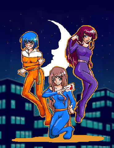 hayasaka ouka, moon face, mutou mahiro, tsumura tokiko, busou renkin, aliasing, lowres, tagme, 00s, 3girls, blue hair, bodysuit, brown hair, building, city, crescent moon, facing viewer, full body, long hair, moon, multiple girls, night, night sky, orange outline, outdoors, outline, purple hair, scar, short hair, sky, star (sky), starry sky