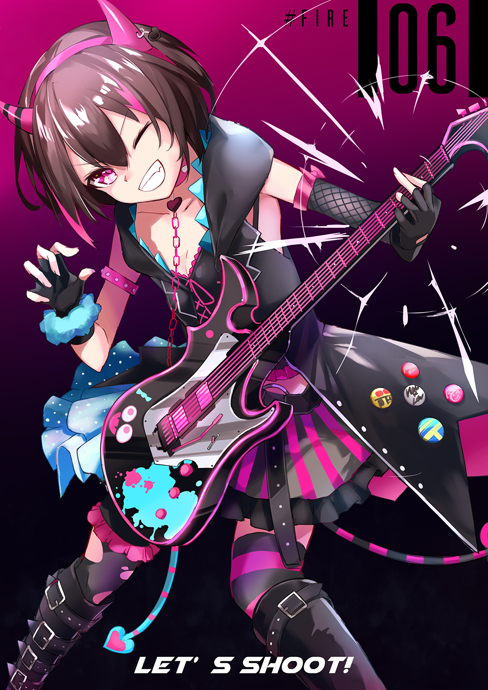 kie (yospcd), yuuki riku, ongeki, commentary, highres, 1girl, asymmetrical legwear, black boots, black gloves, black hair, black thighhighs, blue skirt, boots, breasts, cleavage, demon tail, detached sleeves, fingerless gloves, fishnet sleeves, fishnets, gloves, grin, hairband, hood, hood down, hooded jacket, horn hairband, jacket, knee boots, looking at viewer, mismatched legwear, multicolored hair, one eye closed, open mouth, paw pose, pink hair, pink hairband, pink thighhighs, plectrum, purple eyes, short hair, single detached sleeve, skirt, sleeveless, sleeveless jacket, small breasts, smile, solo, streaked hair, striped clothes, striped thighhighs, tail, thigh strap, thighhighs, torn clothes, torn thighhighs, uneven legwear