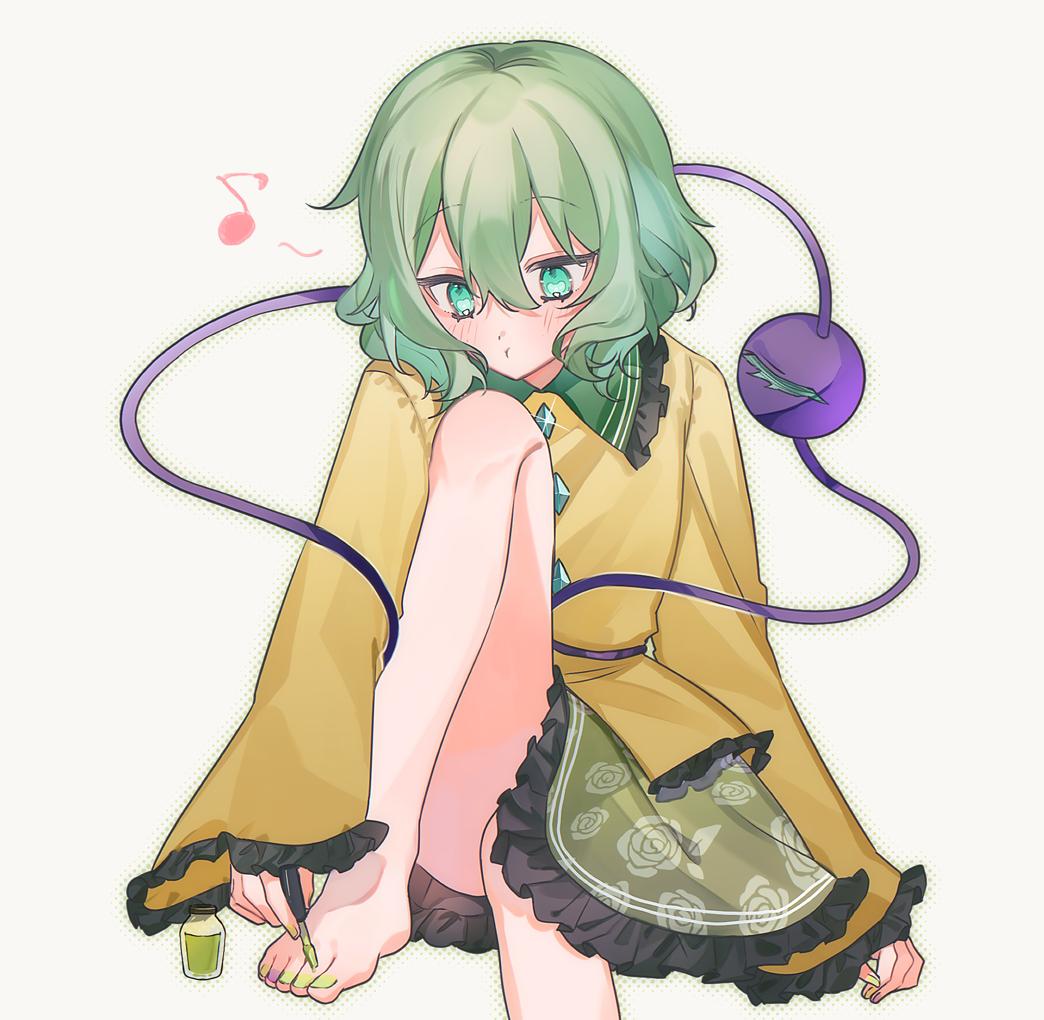 komeiji koishi, touhou, highres, 1girl, applying pedicure, blouse, buttons, cosmetics, diamond button, eyeball, floral print, frilled shirt collar, frilled sleeves, frills, green eyes, green hair, green nails, green skirt, heart, heart-shaped pupils, musical note, nail polish, nail polish bottle, no headwear, potecoro (ey39 g), rose print, shirt, simple background, skirt, sleeves past wrists, solo, symbol-shaped pupils, third eye, toenail polish, toenails, whistling, yellow shirt
