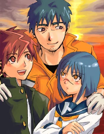 captain bravo, mutou kazuki, tsumura tokiko, busou renkin, lowres, 00s, blue hair, brown eyes, brown hair, scar, school uniform, serafuku, yellow eyes