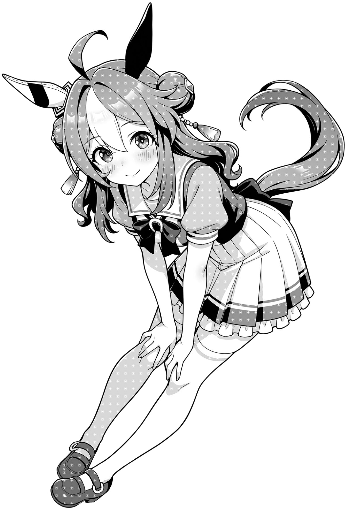 akagi koku, copano rickey (umamusume), umamusume, commentary, highres, 1girl, ahoge, animal ears, back bow, blush, bow, bowtie, closed mouth, double bun, ear covers, frilled skirt, frills, full body, greyscale, hair between eyes, hair bun, hands on own knees, horse ears, horse girl, horse tail, leaning forward, long hair, looking at viewer, monochrome, multicolored hair, pleated skirt, sailor collar, school uniform, shirt, shoes, short sleeves, simple background, single ear cover, skirt, smile, solo, standing, summer uniform, tail, thighhighs, tracen school uniform, two-tone hair, zettai ryouiki