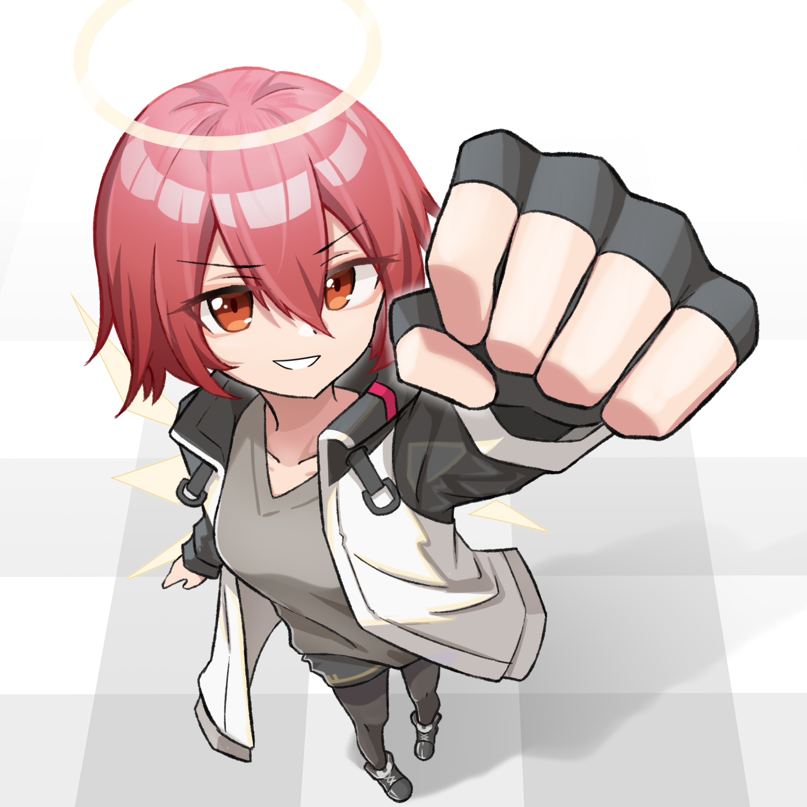 jiuyu qame, exusiai (arknights), arknights, chinese commentary, commentary, highres, 1girl, :d, black gloves, black pantyhose, black sleeves, clenched hand, collarbone, fingerless gloves, foreshortening, full body, gloves, grey shirt, grin, gun gun cut, hair between eyes, halo, jacket, looking at viewer, open mouth, orange eyes, outstretched arm, pantyhose, red hair, shirt, short hair, single glove, smile, standing, t-shirt, traditional halo, white background, white jacket, yellow halo
