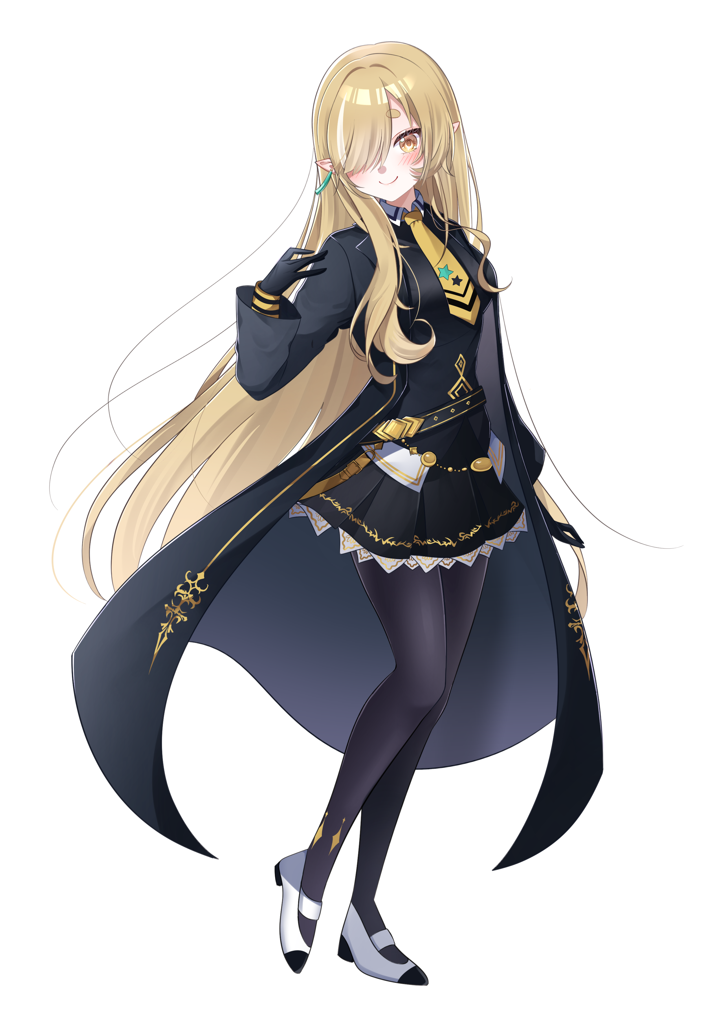 inairego116, kanna yanagi, manhattan cafe (umamusume), absurdres, highres, 1girl, black coat, black dress, black gloves, black pantyhose, blonde hair, blush, closed mouth, coat, cosplay, dress, glitch stars, gloves, hair over one eye, long hair, manhattan cafe (umamusume) (cosplay), necktie, open clothes, open coat, pantyhose, pointy ears, shoes, smile, solo, transparent background, white shoes, yellow eyes, yellow necktie
