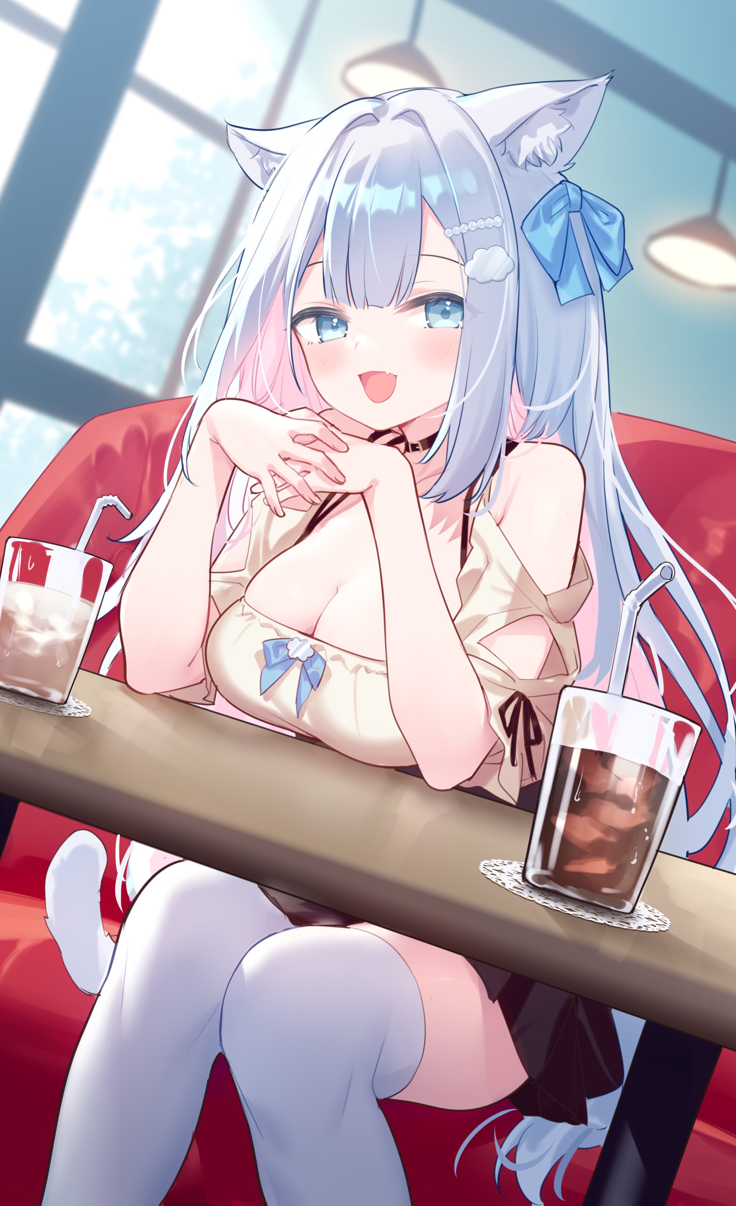 hiraga matsuri, indie virtual youtuber, absurdres, commentary, highres, 1girl, :d, animal ear fluff, animal ears, bare shoulders, black skirt, blue eyes, blue hair, blue ribbon, blunt bangs, blush, breasts, brown shirt, cat ears, cat girl, cat tail, cleavage, cup, double-parted bangs, drinking glass, drinking straw, fang, feet out of frame, hair ribbon, hands up, indoors, large breasts, long hair, looking at viewer, naruse nanakumo, open mouth, ribbon, shirt, short sleeves, sitting, skirt, smile, solo, tail, thighhighs, white thighhighs