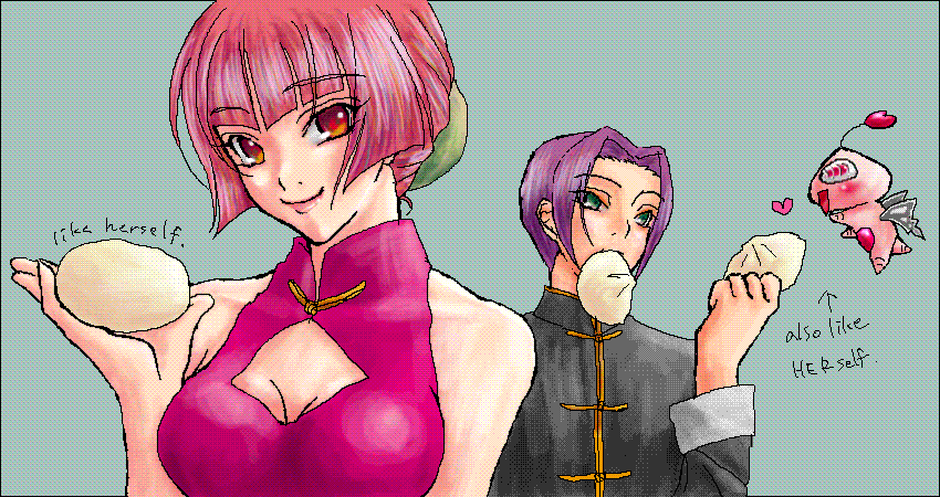angel gozen (character), hayasaka ouka, papillon, busou renkin, aliasing, food request, tagme, 00s, 1boy, 1girl, 1other, bare shoulders, black hair, blush, breasts, chinese clothes, chono koshaku, cleavage cutout, clothing cutout, creature, dress, facing viewer, floating, food, green eyes, heart, medium breasts, mouth hold, purple hair, red eyes, red hair, retro artstyle, short hair, sleeveless, sleeveless dress, smile, truth, upper body