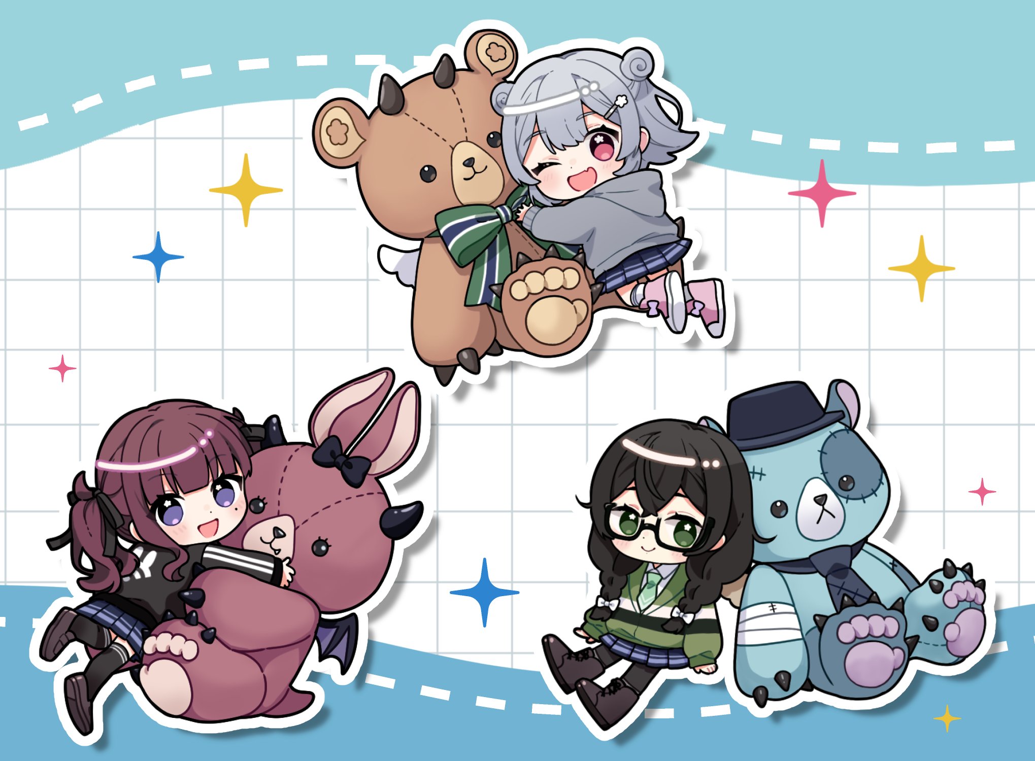binchou maguro, hanakuma chifuyu, koharu rikka, natsuki karin, cevio, synthesizer v, commentary request, highres, 3girls, :d, ;d, black hair, black pantyhose, black ribbon, black shirt, black thighhighs, blue skirt, blunt bangs, blush, boots, bow, braid, brown boots, brown shoes, chibi, chibi only, closed mouth, double-parted bangs, double bun, drop shadow, full body, green eyes, green necktie, green sweater, grey hair, grey hoodie, grid background, hair bow, hair bun, hair ornament, hair ribbon, hairclip, holding, holding stuffed toy, hood, hoodie, long hair, long sleeves, looking at viewer, multiple girls, necktie, one eye closed, open mouth, outline, pantyhose, pink shoes, pleated skirt, purple eyes, red hair, ribbon, shirt, shoes, short hair, skirt, smile, socks, sparkle, stuffed animal, stuffed toy, sweater, teddy bear, thighhighs, twin braids, twintails, white background, white bow, white outline, white socks, zettai ryouiki