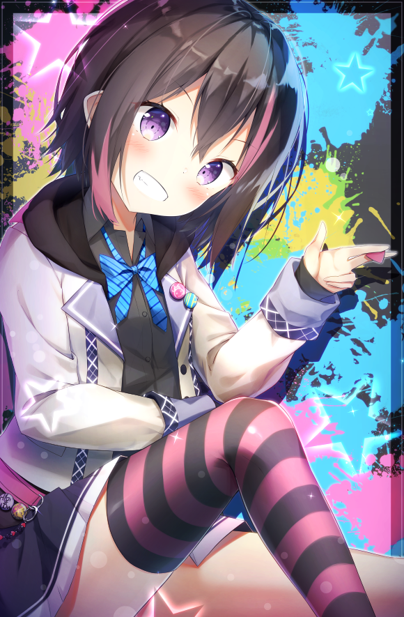 yashin, yuuki riku, ongeki, 1girl, asymmetrical legwear, belt, black hair, black shirt, black shoes, black skirt, black socks, black thighhighs, blazer, blue bow, blue bowtie, bow, bowtie, breasts, chair, clenched hand, closed mouth, collared shirt, crossed bangs, dress shirt, dynamic pose, fang, full body, grin, hair between eyes, horizontal-striped thighhighs, jacket, long sleeves, looking at viewer, miniskirt, mismatched legwear, multicolored hair, panties, paw pose, pink belt, pink hair, pink thighhighs, pleated skirt, purple eyes, red ribbon, restaurant, ribbon, school uniform, shirt, shoes, short hair, single sock, single thighhigh, skirt, sleeves past wrists, small breasts, smile, socks, solo, split mouth, streaked hair, striped clothes, striped thighhighs, thighhighs, two-tone hair, two-tone thighhighs, underwear, uneven legwear, white jacket
