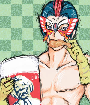 papillon, busou renkin, lowres, tagme, 00s, checkered background, chicken (food), chono koshaku, fried chicken, gloves, male focus, mask, yellow gloves