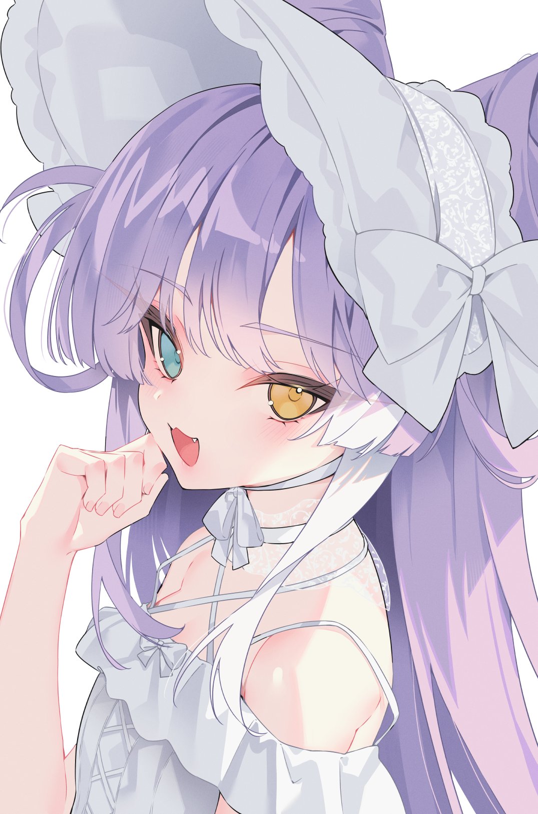 daimi 94, tenko shibuki, stellive, commentary, highres, symbol-only commentary, 1girl, :3, :d, bare shoulders, blue eyes, blush, bonnet, dress, fang, hand up, heterochromia, long hair, looking at viewer, off-shoulder dress, off shoulder, open mouth, portrait, purple hair, simple background, smile, solo, virtual youtuber, white background, white bonnet, white dress, yellow eyes