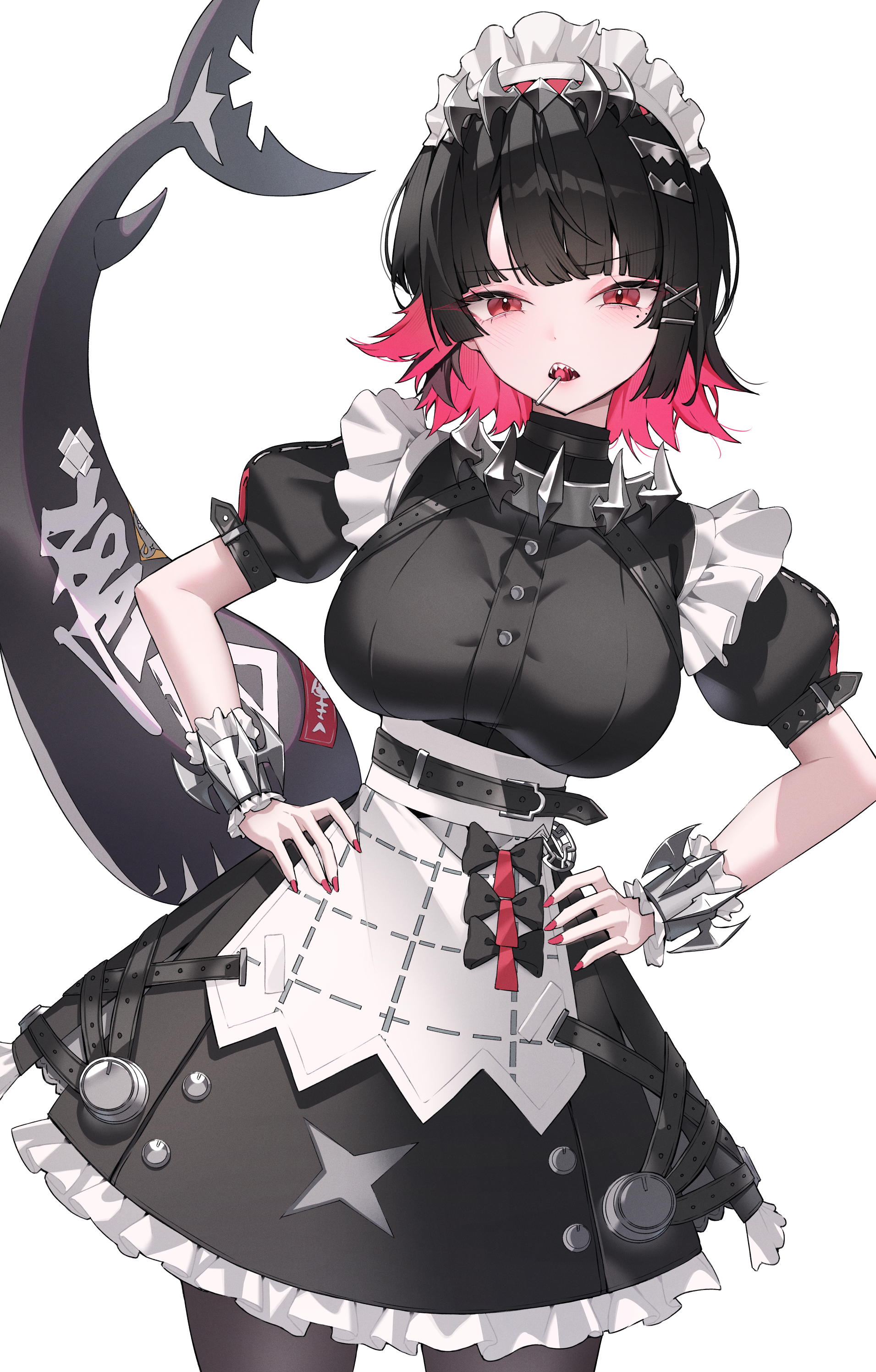daimi 94, ellen joe, zenless zone zero, absurdres, commentary, highres, 1girl, apron, black dress, black hair, black pantyhose, breasts, candy, cowboy shot, dress, fins, fish tail, food, food in mouth, large breasts, lollipop, maid, maid apron, maid headdress, multicolored hair, pantyhose, red eyes, red hair, shark girl, shark tail, short hair, simple background, solo, tail, tail raised, two-tone hair, white background