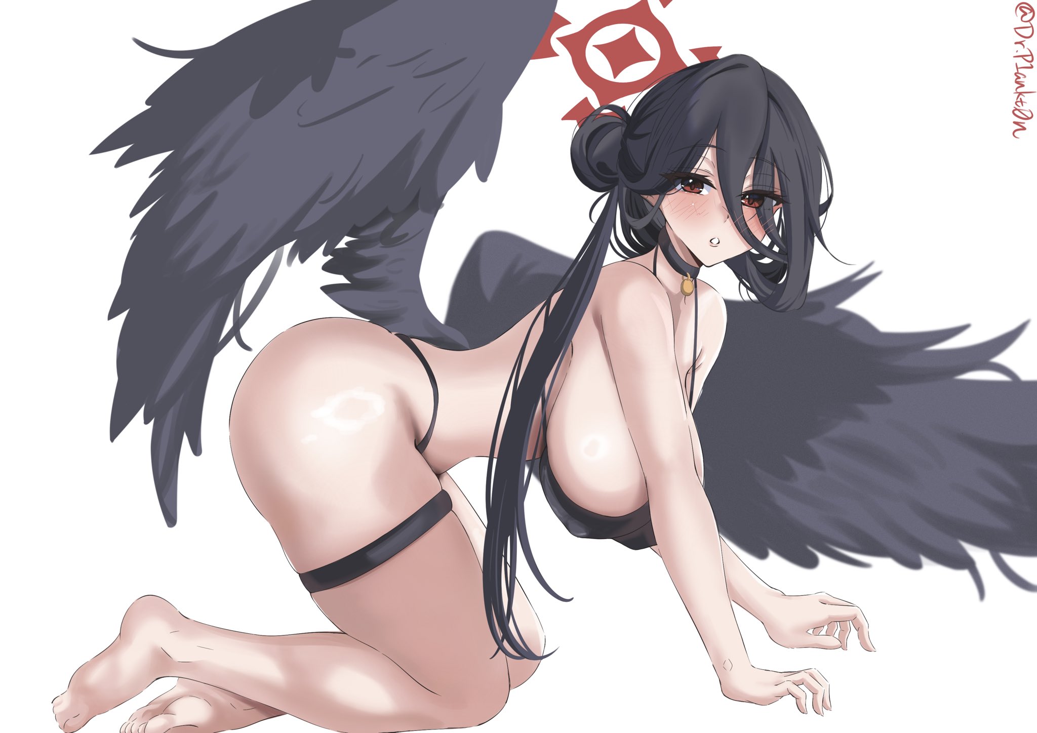 dr.plankton, hasumi (blue archive), hasumi (swimsuit) (blue archive), blue archive, commentary, highres, 1girl, all fours, armpit crease, bare arms, bare legs, barefoot, bikini, black bikini, black choker, black hair, black wings, blush, breasts, choker, covered erect nipples, feathered wings, foot out of frame, from side, hair between eyes, hair bun, halo, halterneck, hanging breasts, large breasts, long bangs, long hair, looking at viewer, looking to the side, low wings, official alternate costume, official alternate hairstyle, parted lips, pendant choker, red eyes, red halo, side ponytail, simple background, single side bun, skindentation, solo, strap gap, string bikini, swimsuit, thigh strap, twitter username, very long hair, white background, wings