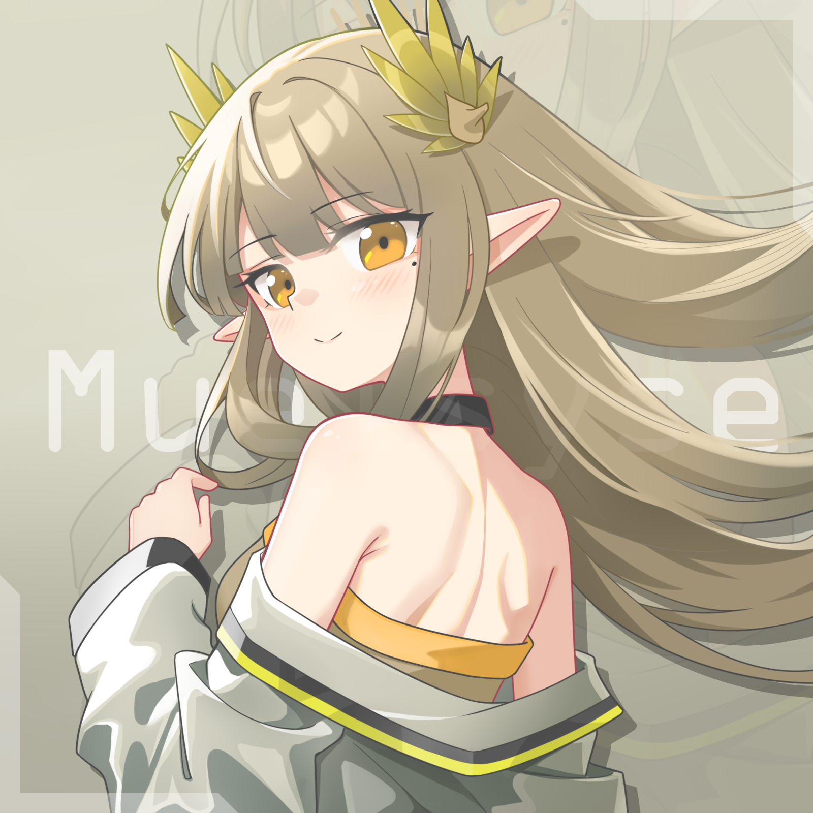 jiuyu qame, muelsyse (arknights), arknights, chinese commentary, commentary, highres, 1girl, bare shoulders, black collar, blush, brown hair, character name, closed mouth, collar, elf, floating hair, grey jacket, hair ornament, jacket, long hair, long sleeves, looking at viewer, median furrow, mole, mole under eye, off shoulder, pointy ears, smile, solo, turning head, upper body, yellow eyes, zoom layer