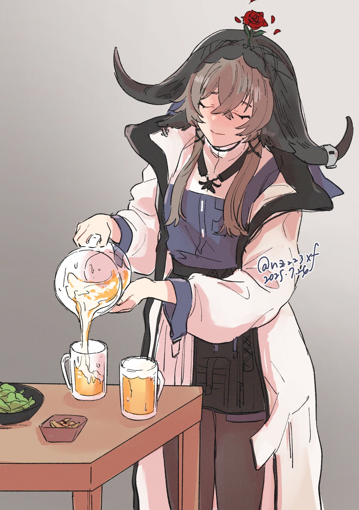 nijimi (nz223xf), pallas (arknights), arknights, highres, 1girl, alcohol, animal ears, beer, black pantyhose, brown hair, closed eyes, cow ears, cow girl, cow horns, dated, detached hood, flower, flower on head, food, hair between eyes, holding, horns, pantyhose, petals, pitcher (container), pouring, red flower, red rose, rose, rose petals, shirt, short hair with long locks, skirt, solo, table, twitter username