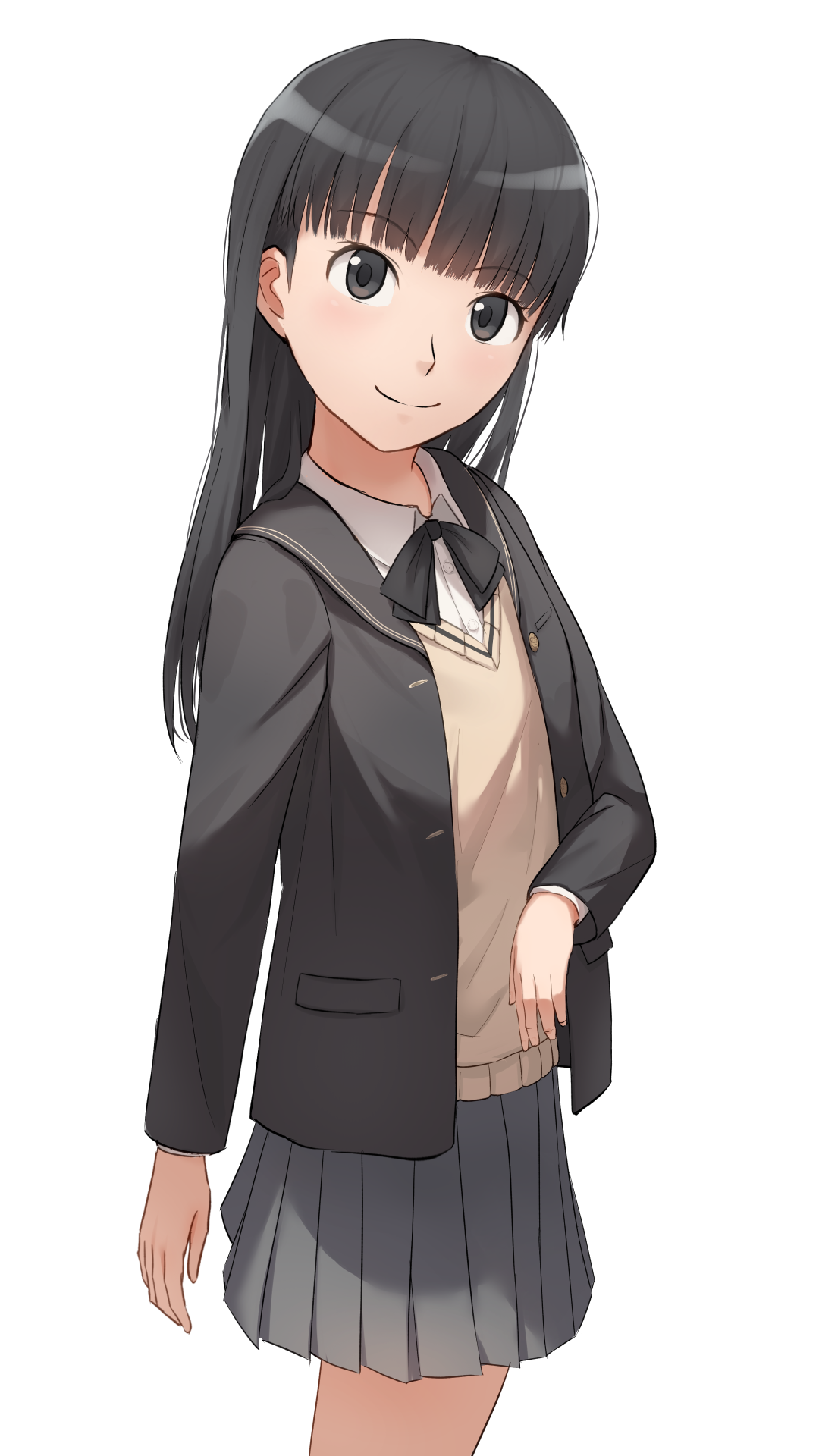 mikawa mikan, ayatsuji tsukasa, amagami, commentary request, highres, 1girl, black eyes, black hair, black jacket, black ribbon, blazer, blunt bangs, cardigan, closed mouth, cowboy shot, grey skirt, jacket, kibito high school uniform, long hair, long sleeves, looking at viewer, neck ribbon, pleated skirt, ribbon, school uniform, shirt, simple background, skirt, smile, solo, straight hair, white background, white shirt