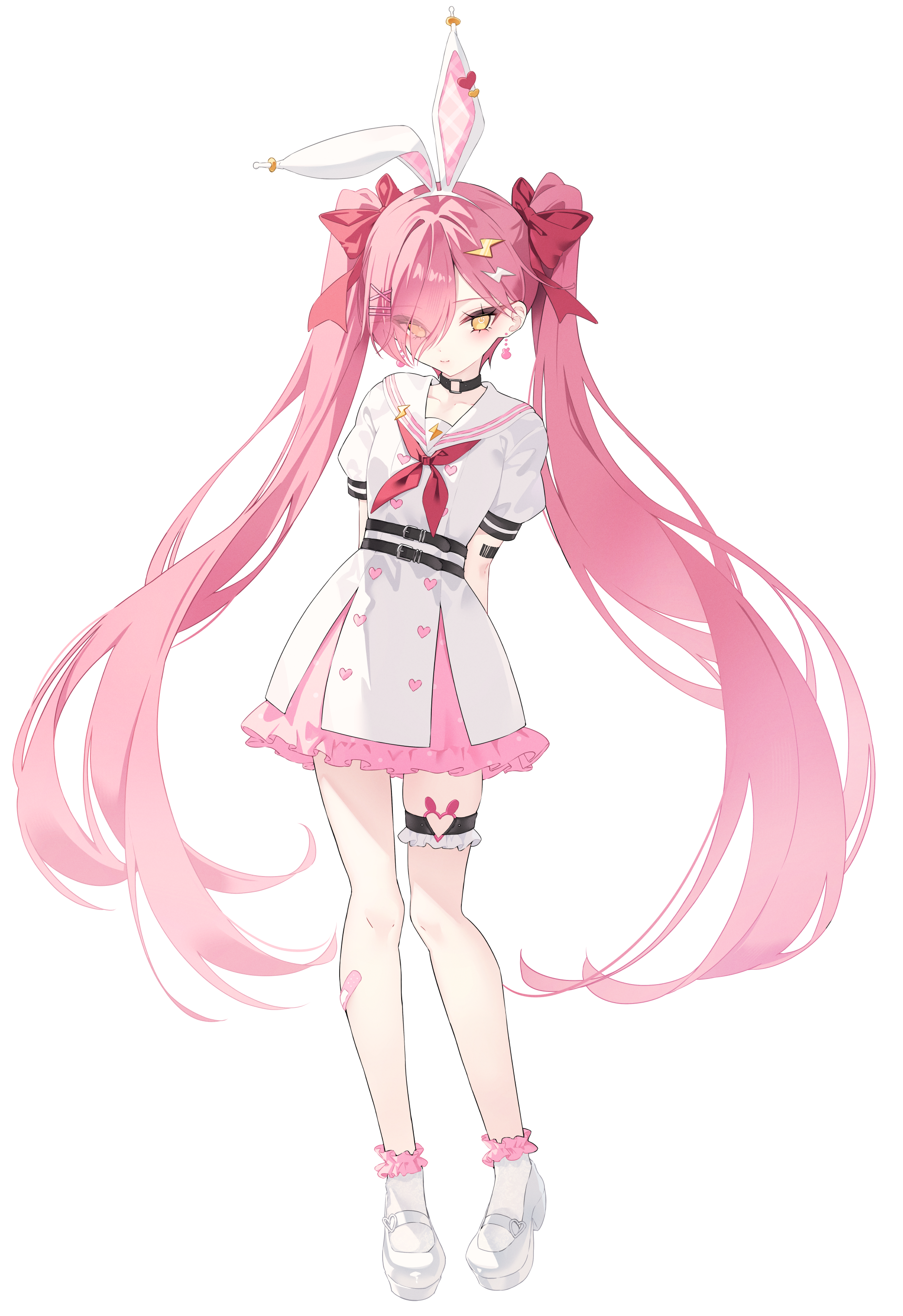 daimi 94, original, absurdres, commentary, highres, 1girl, animal ear hairband, animal ears, arms behind back, black choker, blush, bow, choker, closed mouth, collarbone, dress, earrings, eyes visible through hair, fake animal ears, frilled dress, frilled socks, frills, full body, hair bow, hair over one eye, hairband, jewelry, long hair, looking at viewer, mary janes, neckerchief, pink hair, rabbit ear hairband, rabbit ears, red bow, red neckerchief, sailor collar, sailor dress, shoes, short sleeves, simple background, socks, solo, standing, thigh strap, twintails, very long hair, white background, white dress, white hairband, white sailor collar, white shoes, white socks, yellow eyes