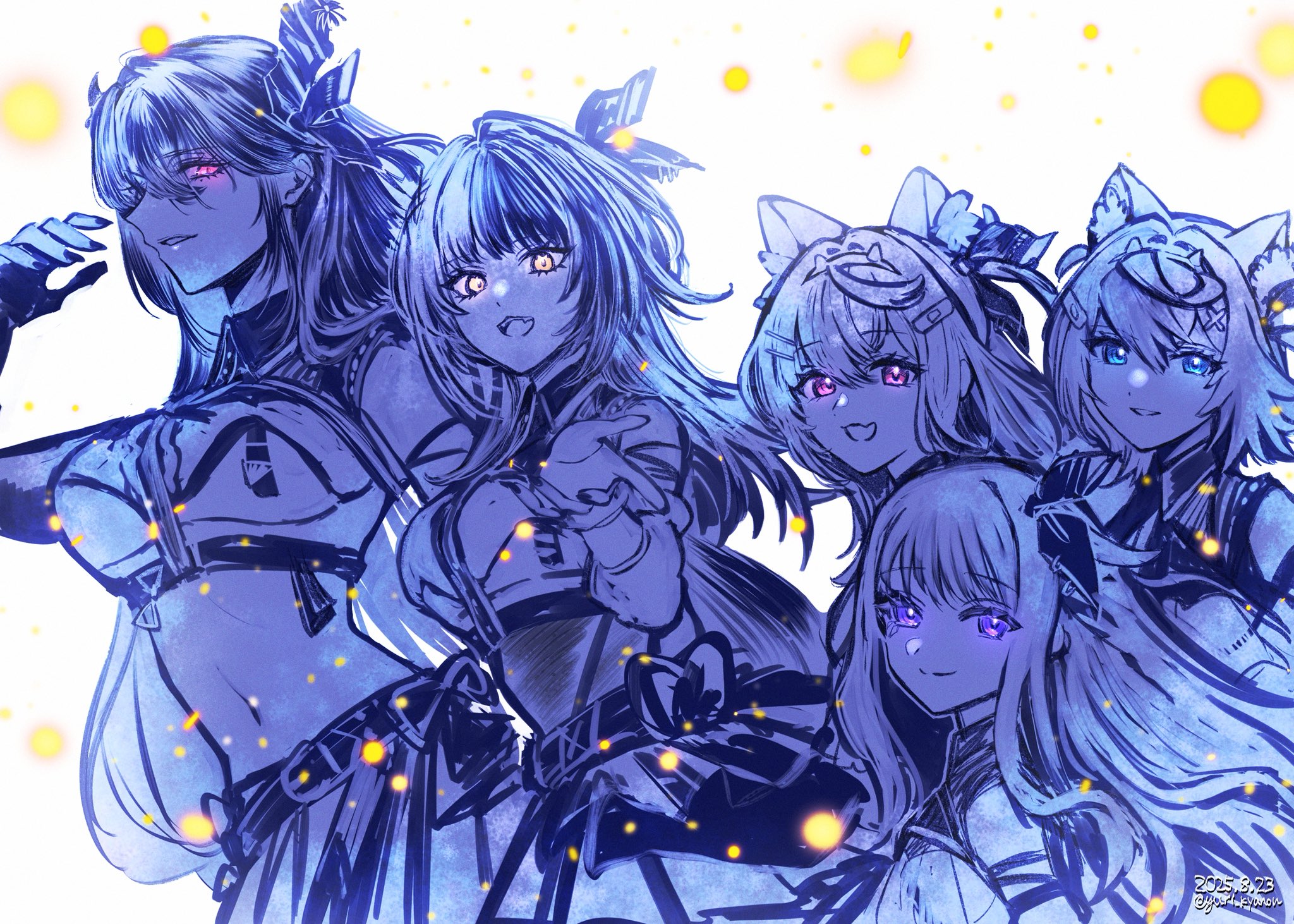 yuri kyanon, fuwawa abyssgard, koseki bijou, mococo abyssgard, nerissa ravencroft, shiori novella, holoadvent, hololive, hololive english, highres, alternate costume, asymmetrical horns, black hair, black nails, breasts, cleavage, flower, grey hair, hair ornament, horn flower, horns, large breasts, long hair, looking at viewer, multicolored hair, simple background, smile, split-color hair, two-tone hair, uneven horns, virtual youtuber, white background, yellow eyes