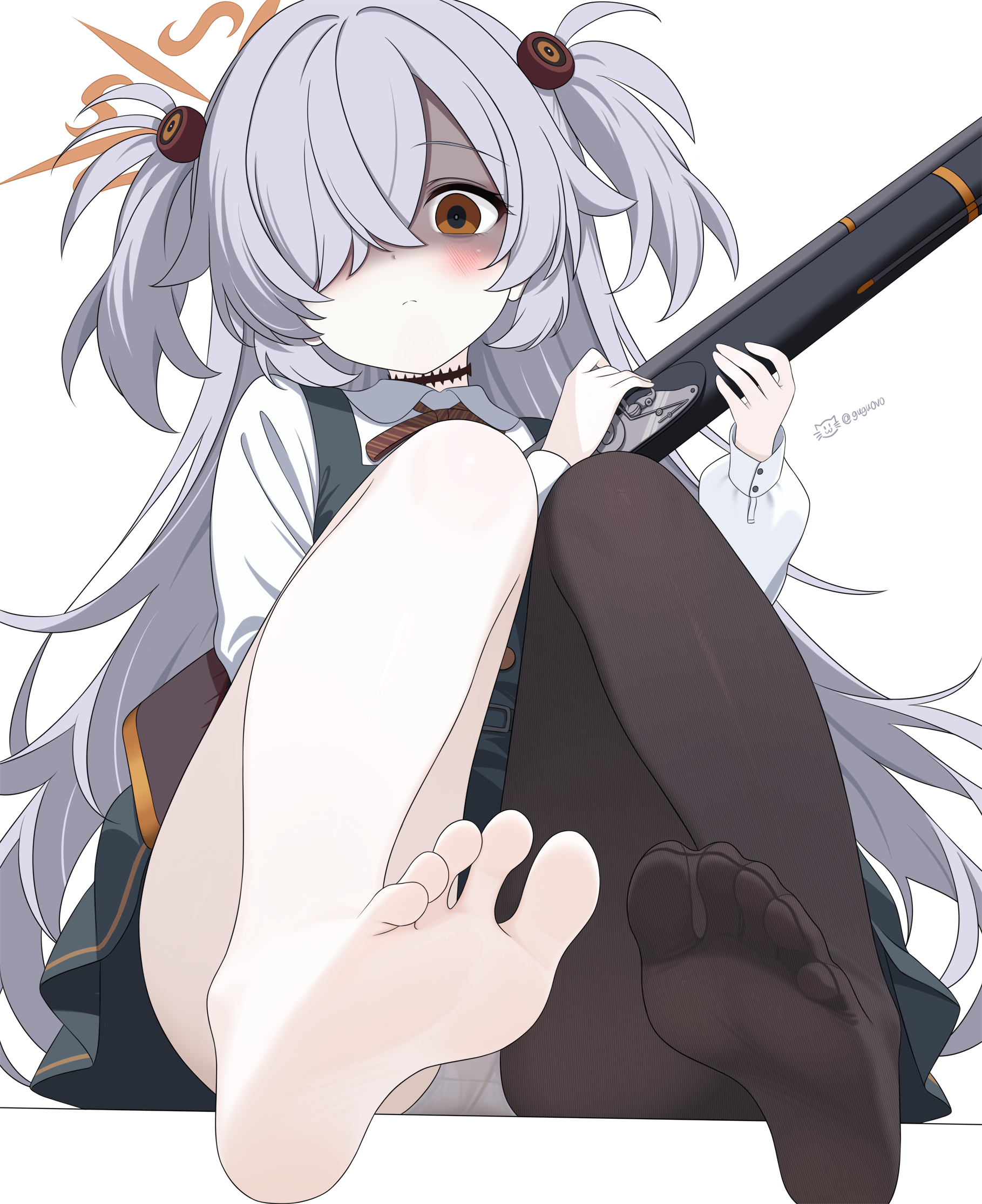 gugu0v0, kanoe (blue archive), blue archive, commentary, highres, 1girl, antique firearm, artist name, barefoot, black dress, black pantyhose, blunderbuss, brown halo, brown ribbon, diagonal-striped ribbon, dress, firearm, from below, frown, gun, hair over one eye, halo, holding, holding gun, holding weapon, long hair, messy hair, no shoes, orange eyes, panties, pantyhose, pinafore dress, ribbon, scar, scar on neck, shaded face, shirt, simple background, single leg pantyhose, sitting, sleeveless, sleeveless dress, soles, solo, tilted halo, toes, underwear, very long hair, weapon, white background, white hair, white panties, white shirt