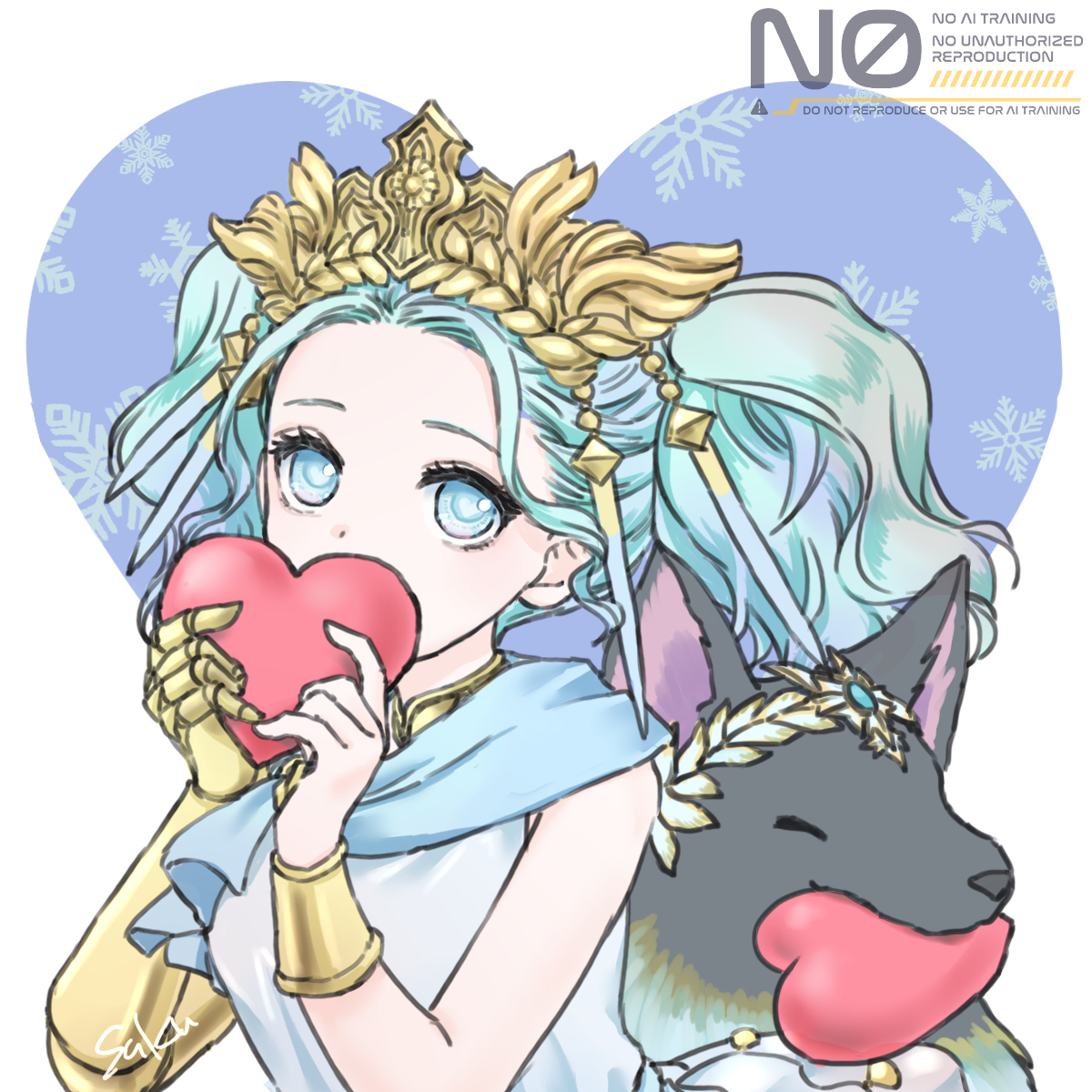 saku ff11, menphina, final fantasy, final fantasy xiv, commentary, english commentary, highres, 1girl, blue eyes, blue hair, covered mouth, dalamud (menphina), gauntlets, heart, heart in eye, holding, holding heart, looking at viewer, short twintails, single gauntlet, solo, symbol in eye, tiara, twintails, upper body, watermark, wolf