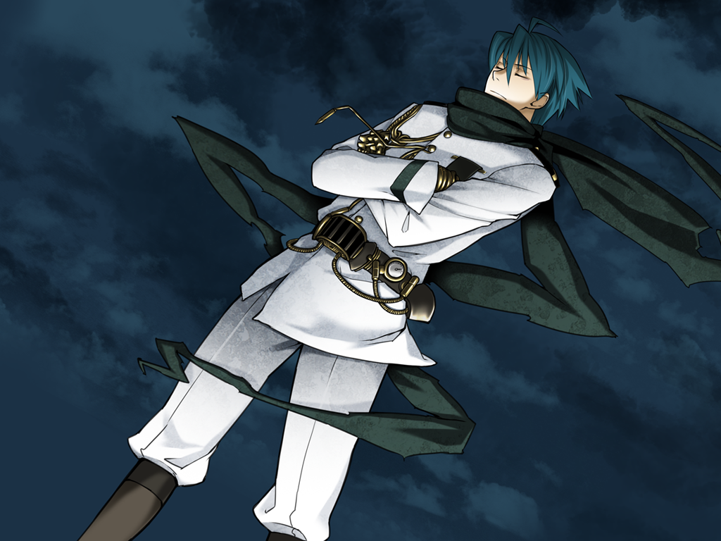 kome (vm500), ourai no gahkthun, steampunk (liarsoft), game cg, non-web source, third-party source, 1boy, ahoge, aiguillette, belt, blue hair, boots, closed eyes, copyright name, expressionless, gloves, knee boots, male focus, mechanical gloves, nikola tesla (ourai no gahkthun), pants, scarf, solo