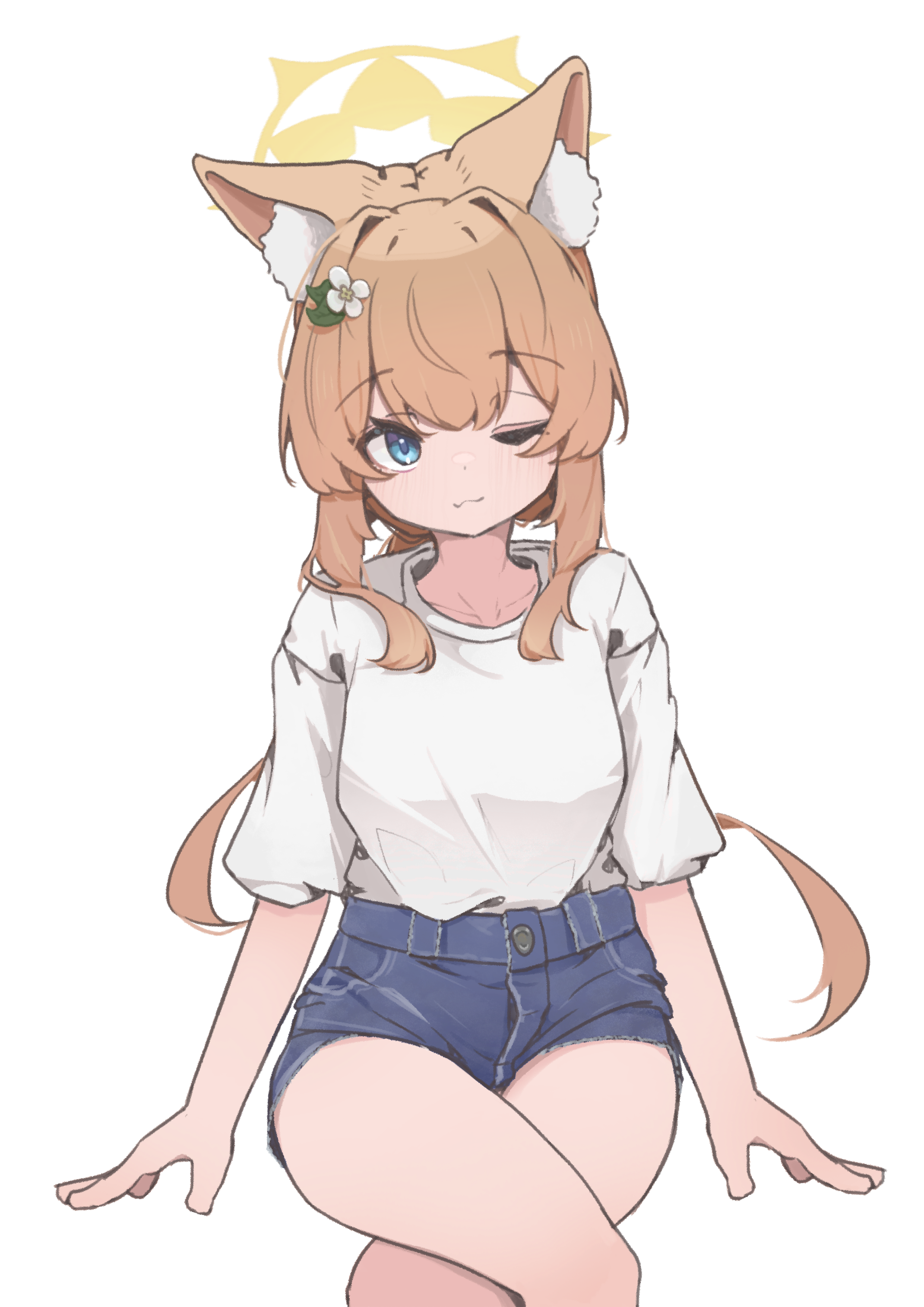 mangotonic, mari (blue archive), blue archive, absurdres, highres, 1girl, :3, alternate costume, animal ear fluff, animal ears, blue eyes, blue shorts, cat ears, cat girl, closed mouth, crossed legs, flower, hair flower, hair ornament, halo, invisible chair, long hair, looking at viewer, one eye closed, orange hair, shirt, shorts, simple background, sitting, solo, very long hair, white background, white shirt, yellow halo